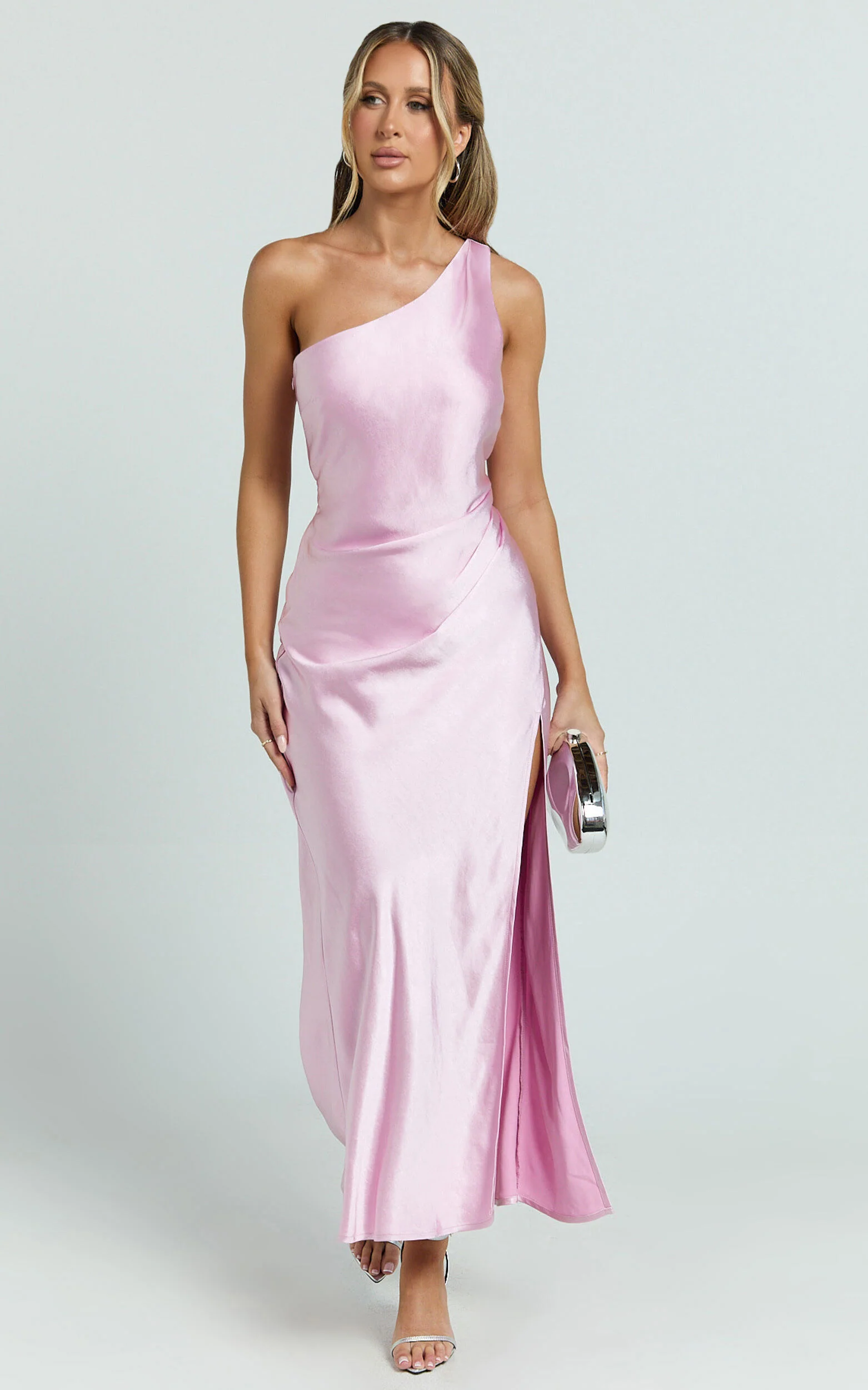 Isla Maxi Dress - Satin One Shoulder Side Split Dress in Pink