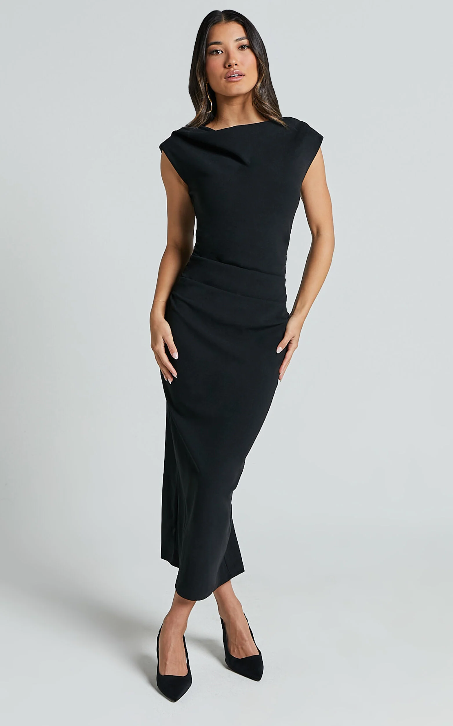 Carmilette Midi Dress - Cowl Neck Ruched Jersey Dress in Black