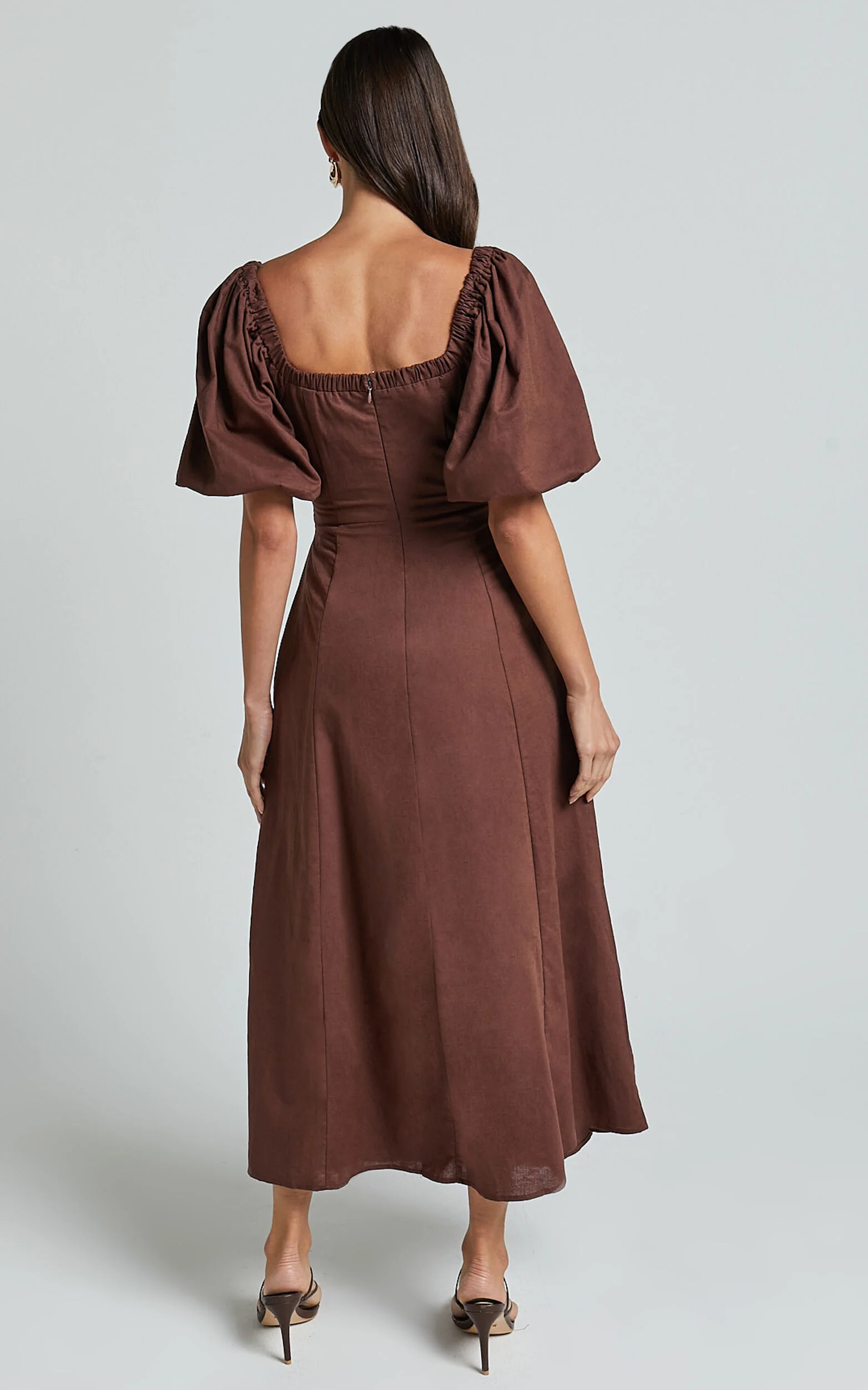 Amalie The Label - Janae Linen Blend Puff Sleeve Cut Out Midi Dress in Chocolate