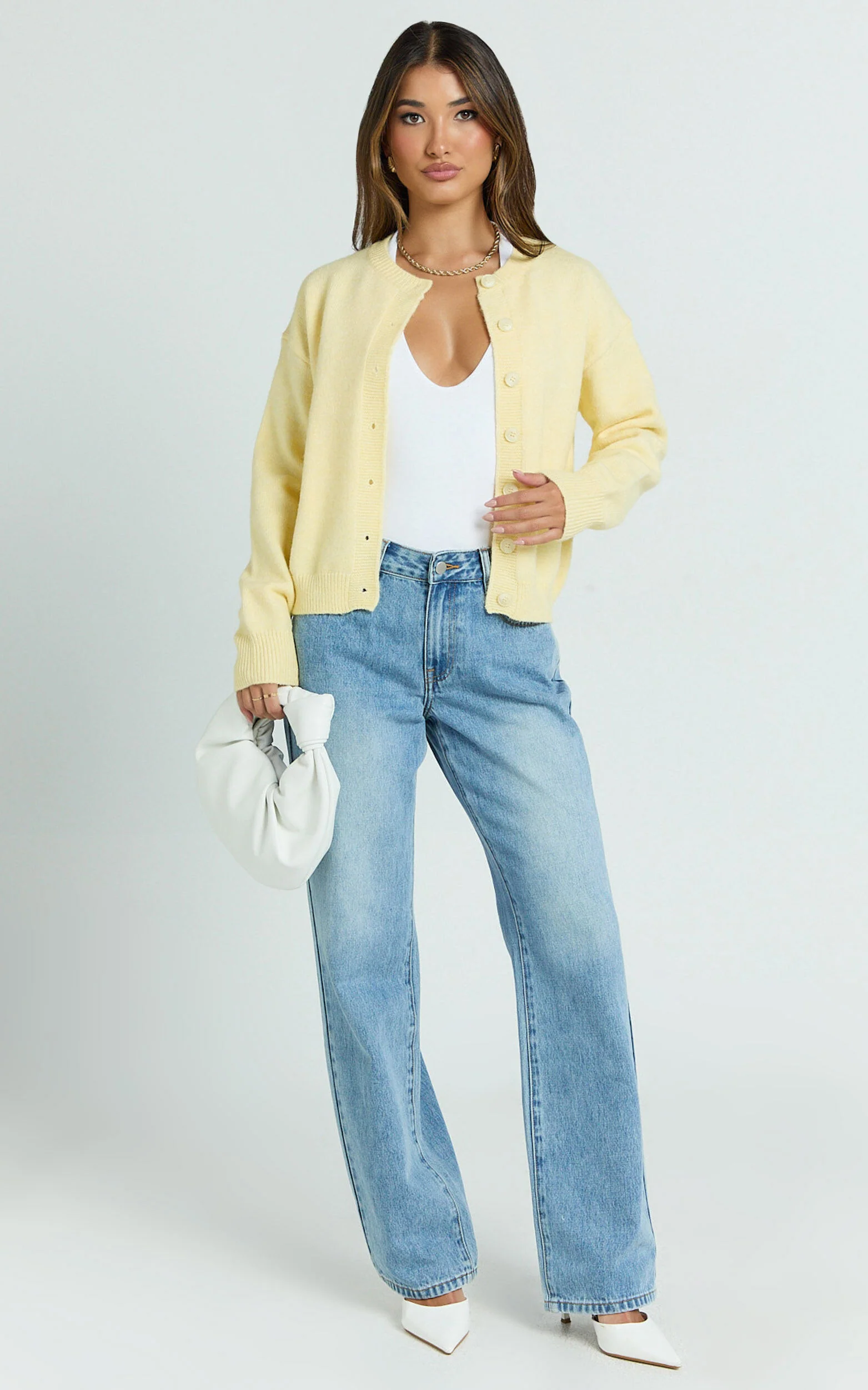 Lucille Cardigan - Button Through Scoop Neck Knit Cardigan in Lemon