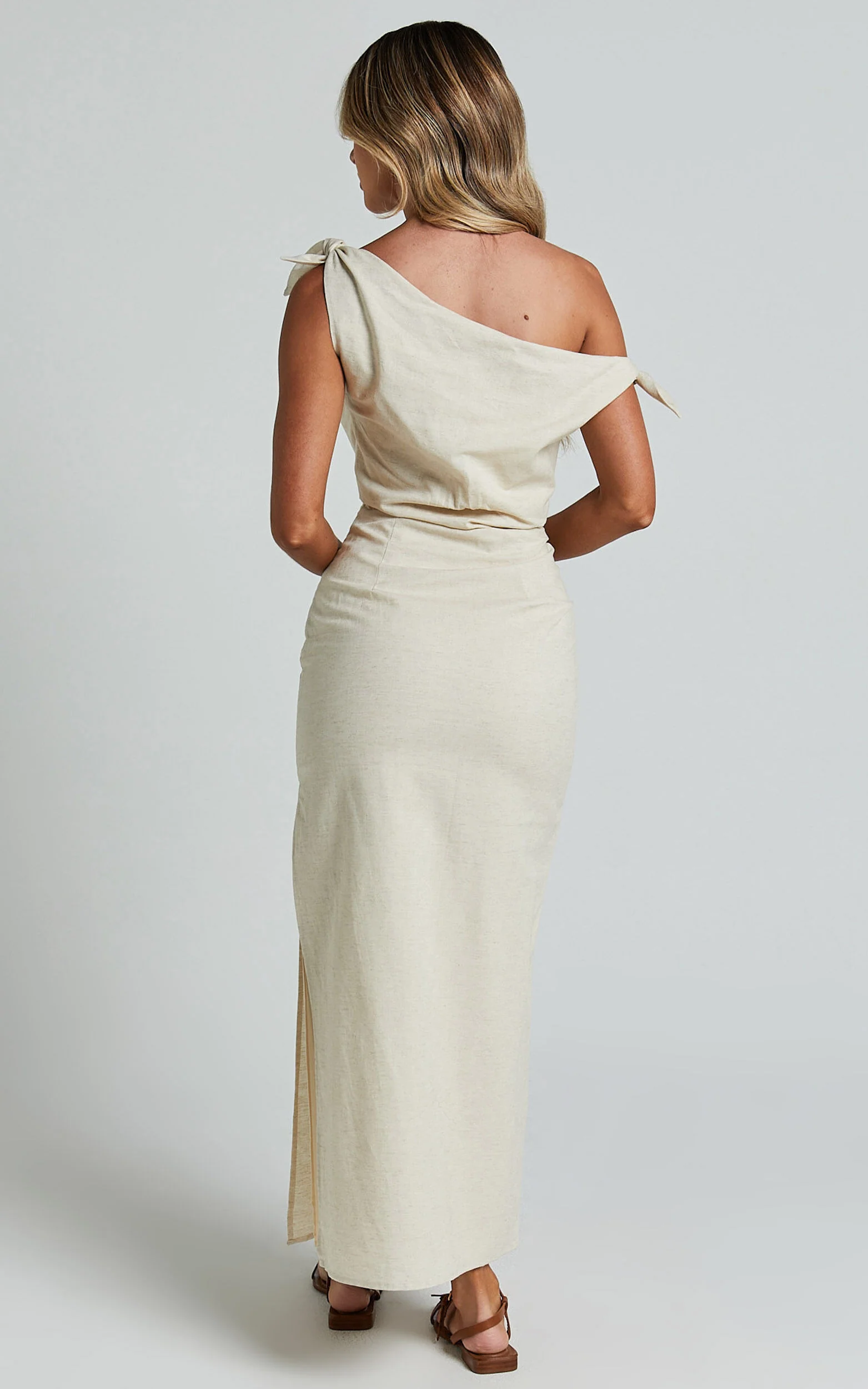 Cincinnati Midi Dress - Off The Shoulder Side Split Column Linen Dress in Beige