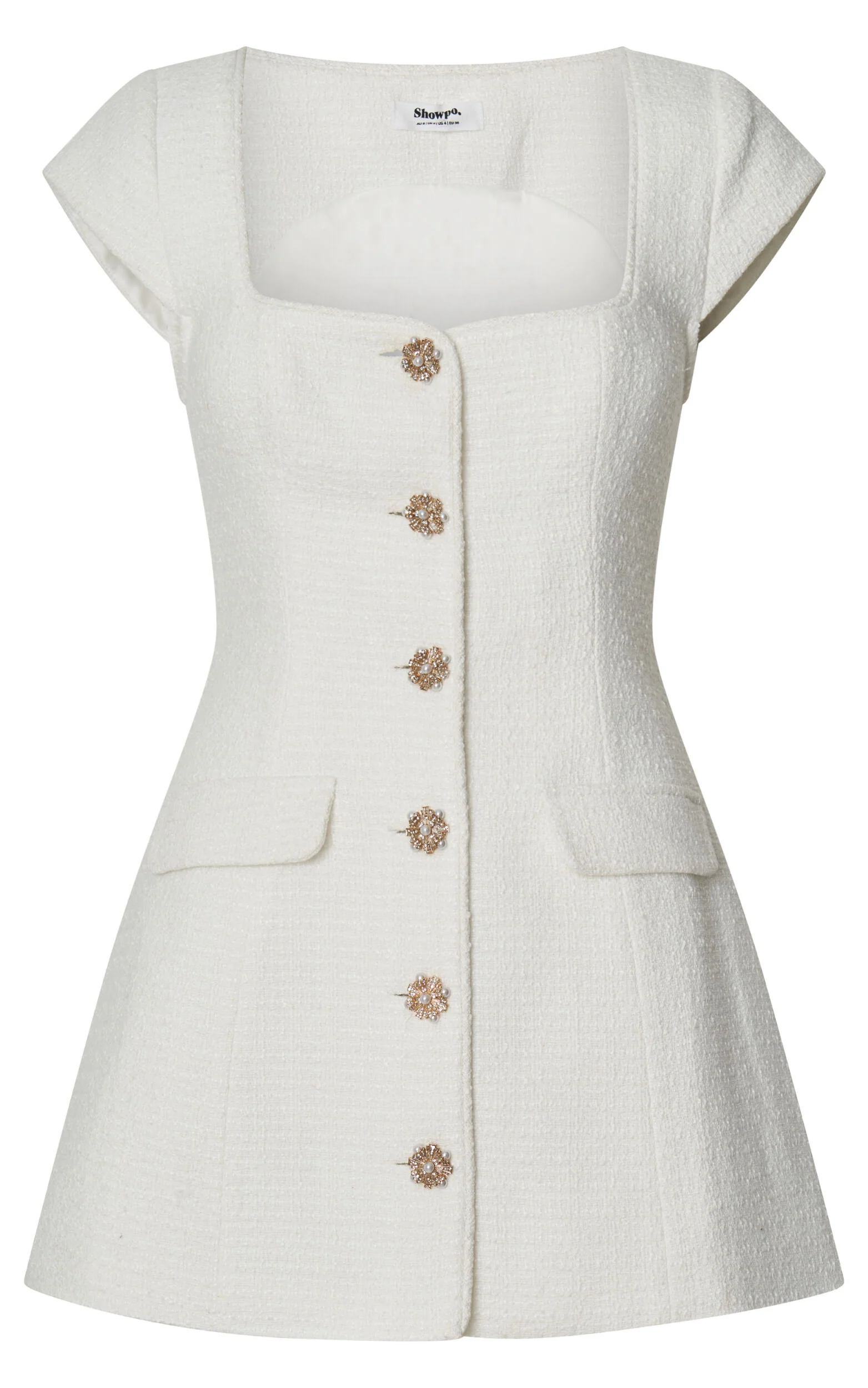 Patsy Mini Dress - Boucle Cap Sleeve Button Front Fitted Dress in White