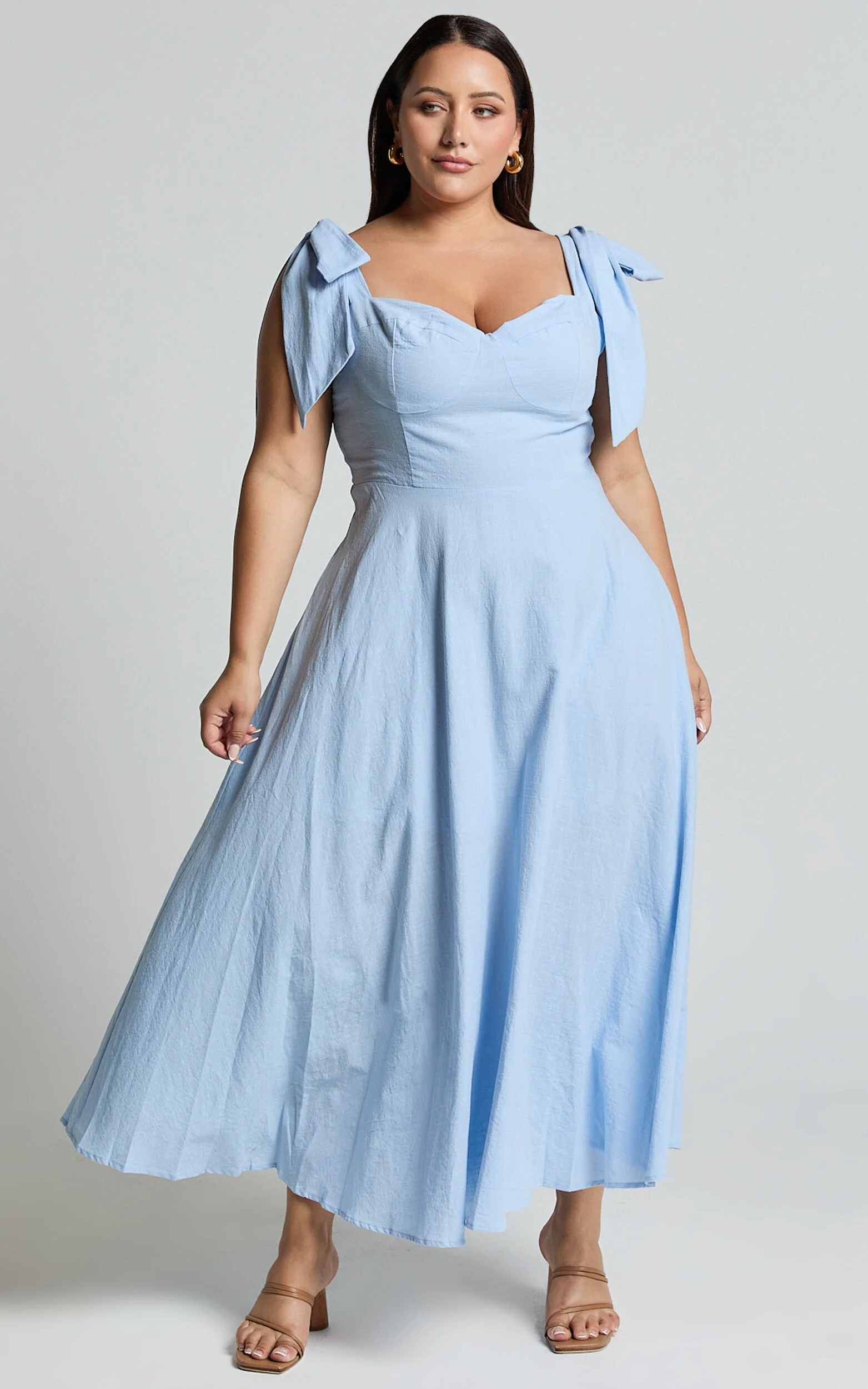 Tymia Midi Dress - Shoulder Tie Bustier Shirred Back A Line in Pastel Blue