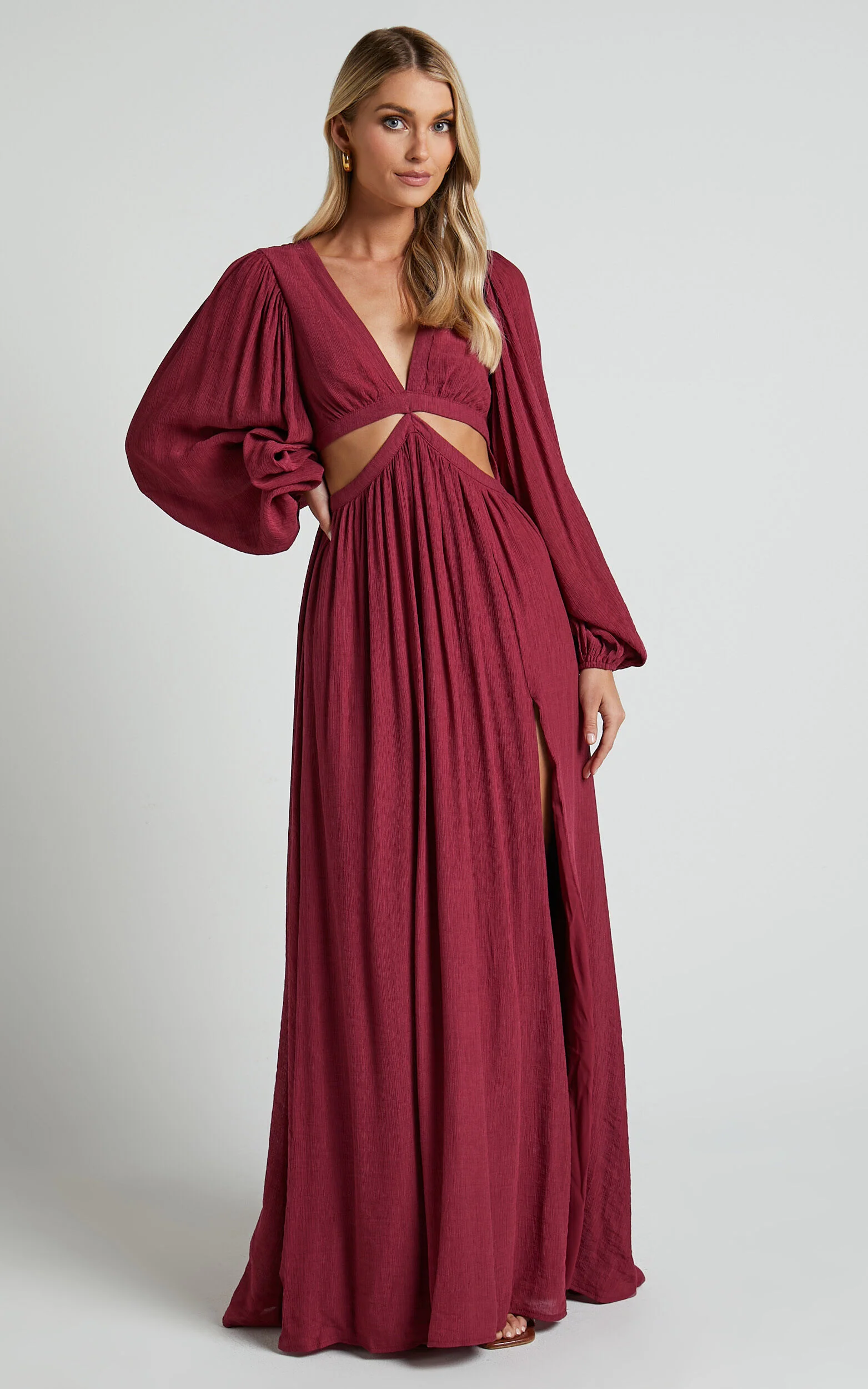 Paige Maxi Dress - Side Cut Out Balloon Sleeve Dress in Mulberry