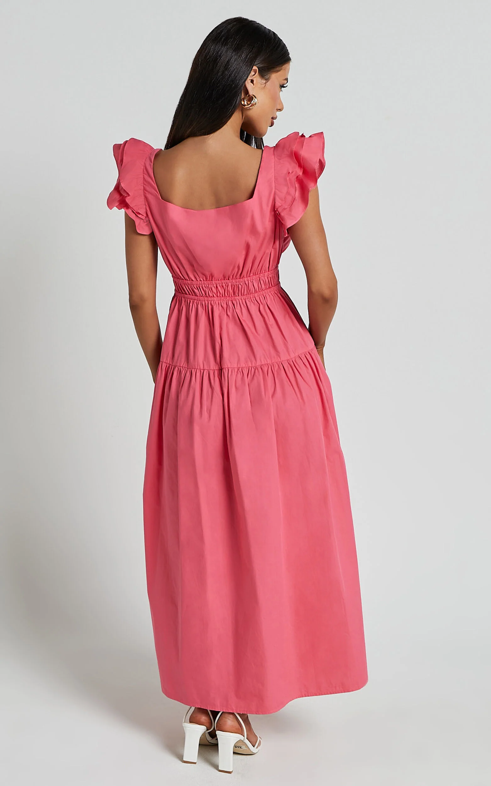 Arlene Midi Dress - Square Neck Shoulder Frill Tiered Dress in Berry