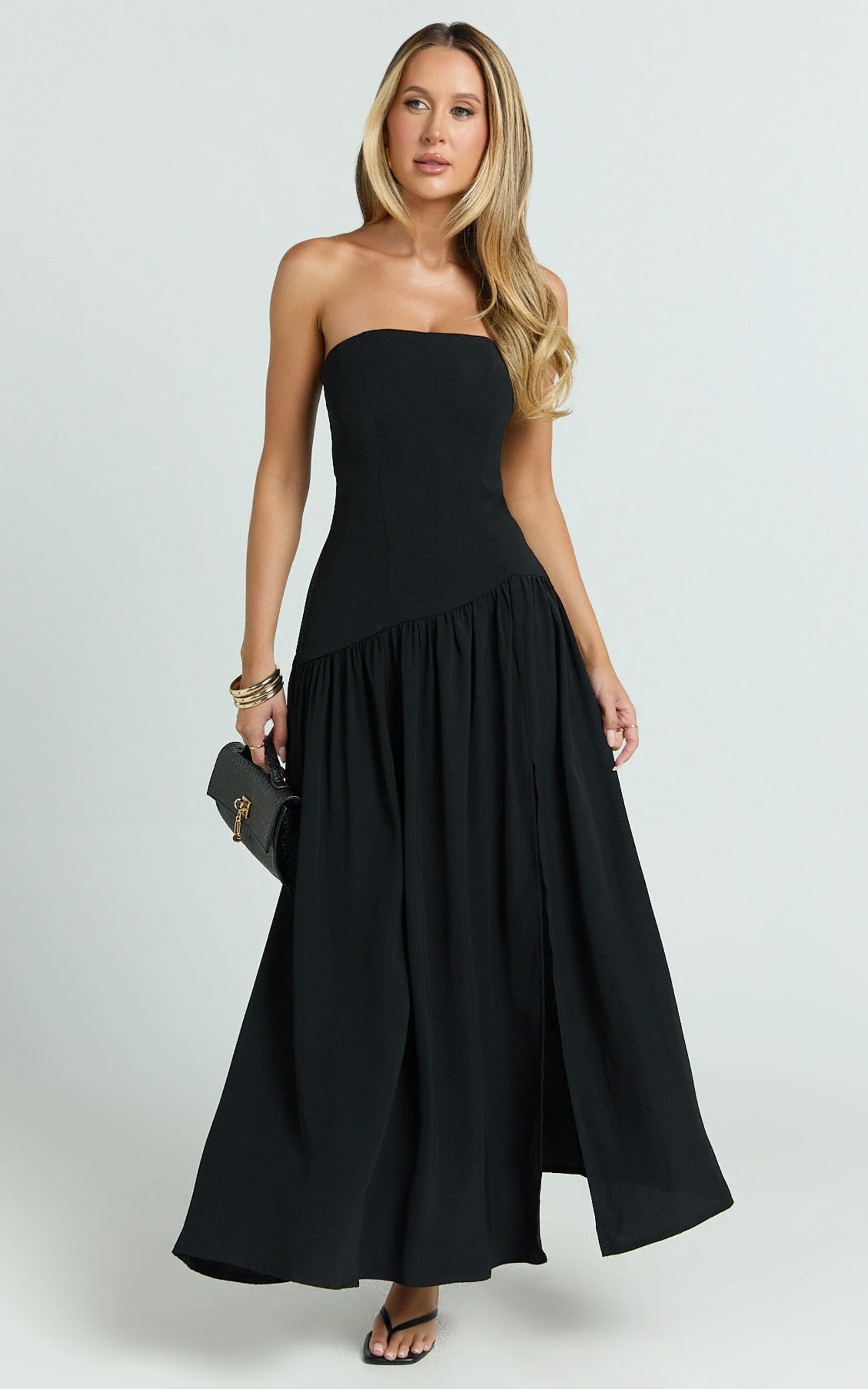 Nadiane Maxi Dress - Strapless Asymmetric Drop Waist Dress in Black