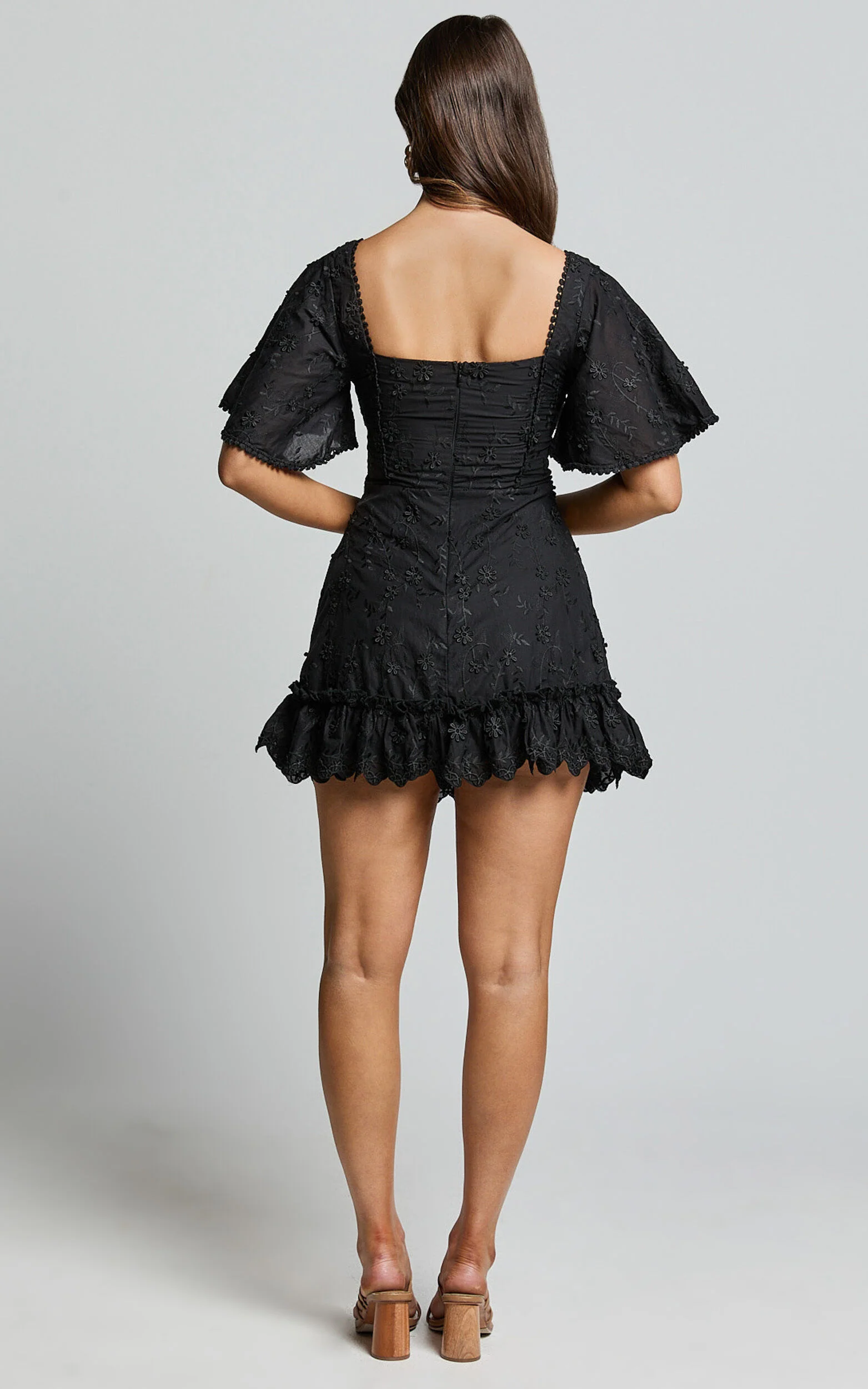 Fancy A Spritz Mini Dress - Square Neck Dress in Black Embroidery