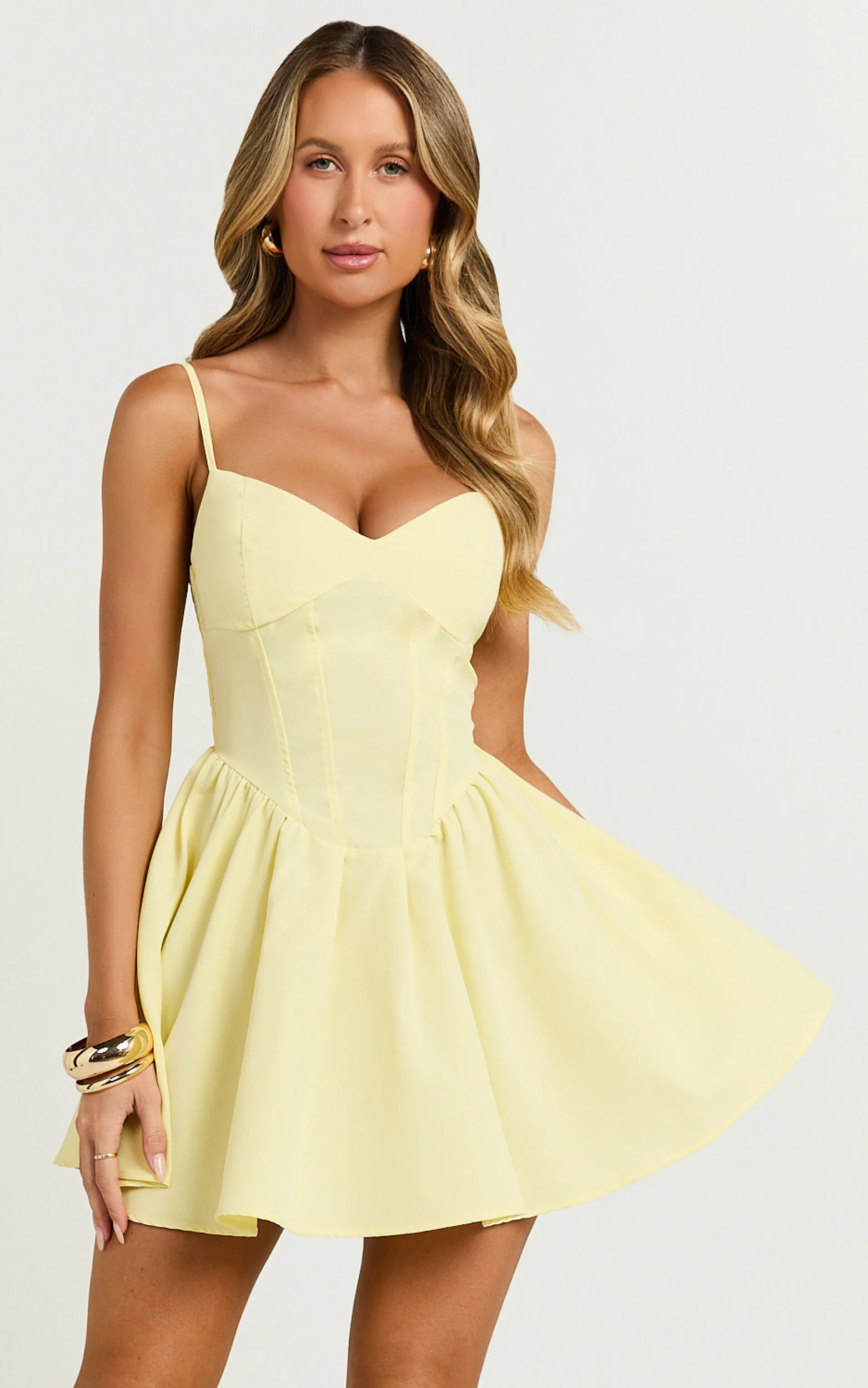 Delaila Mini Dress - Strappy Sweetheart Fit and Flare Dress in Lemon