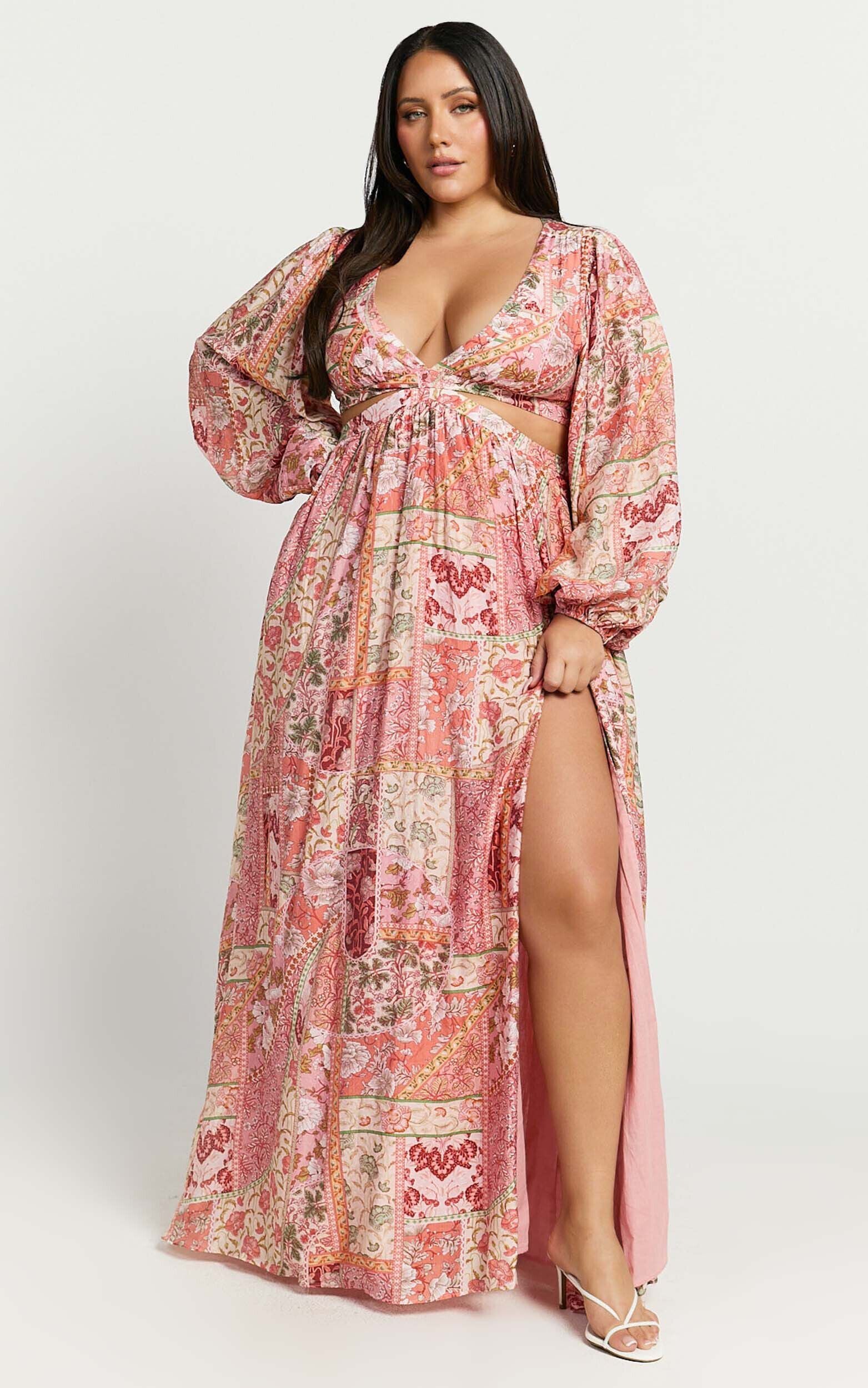 Shari Maxi Dress - V Neck Cutout Full Skirt Dress in Peach