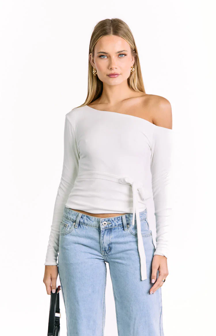 Elkie White Tie Waist Long Sleeve Top