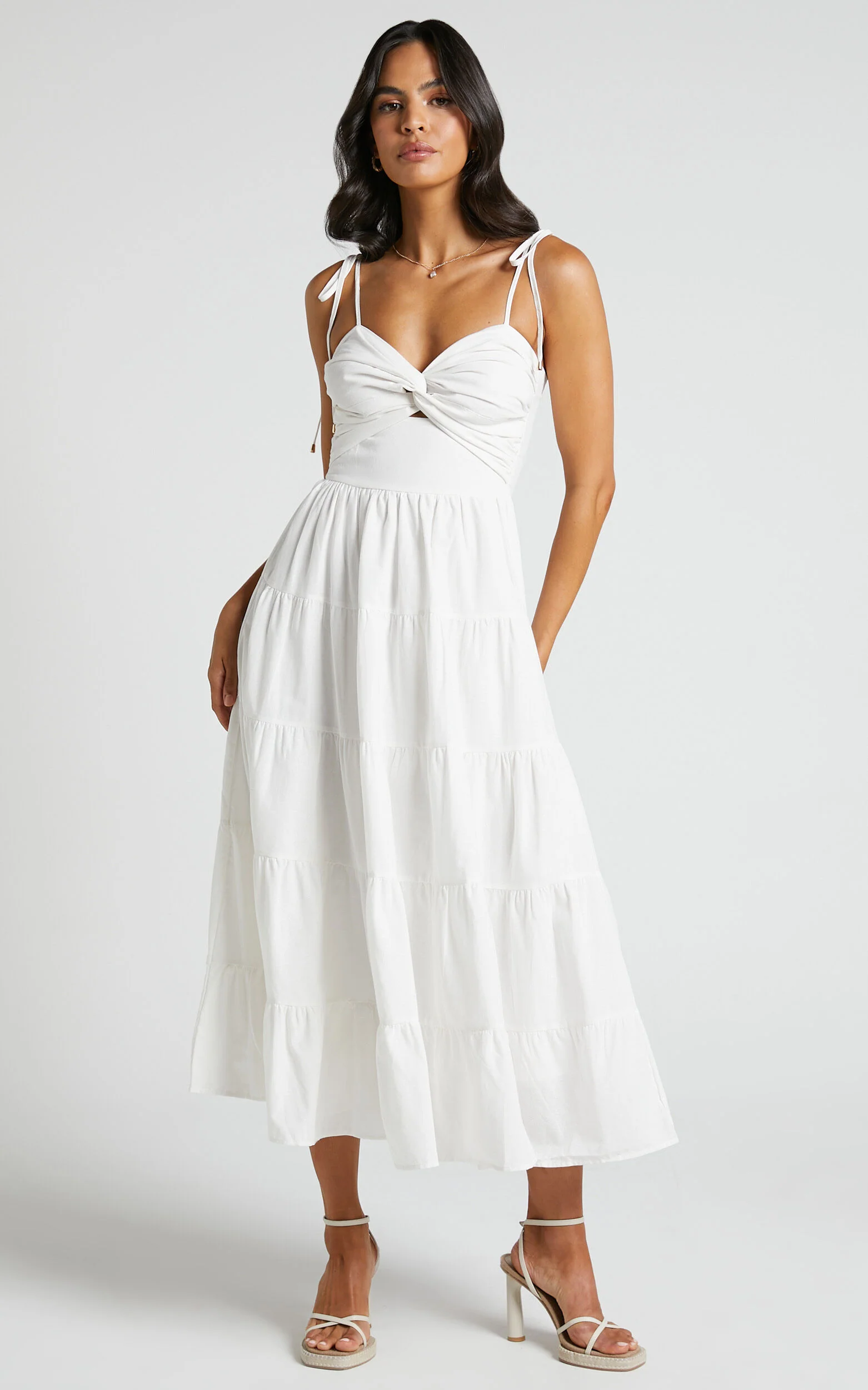 Leticia Midi Dress - Twist Front Tie Strap Tiered Dress in Off White