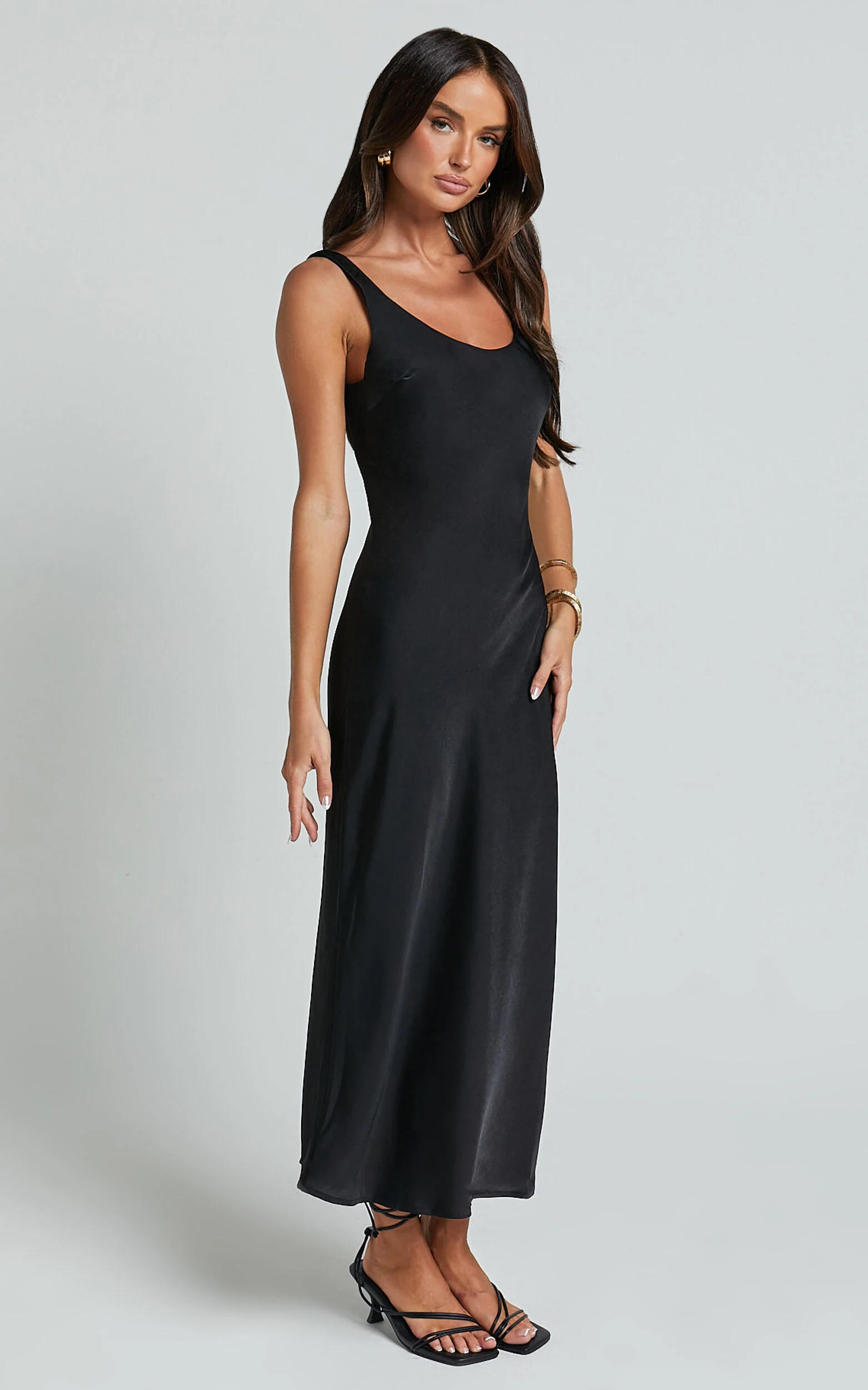 Julie Midi Dress - Scoop Neck Low Back Satin Slip Dress in Black