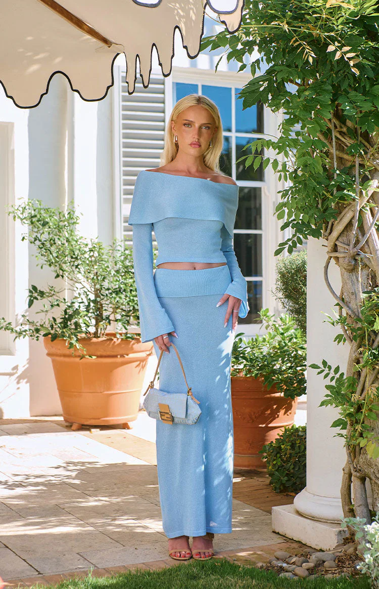 Simona Blue Long Sleeve Off Shoulder Knit Top