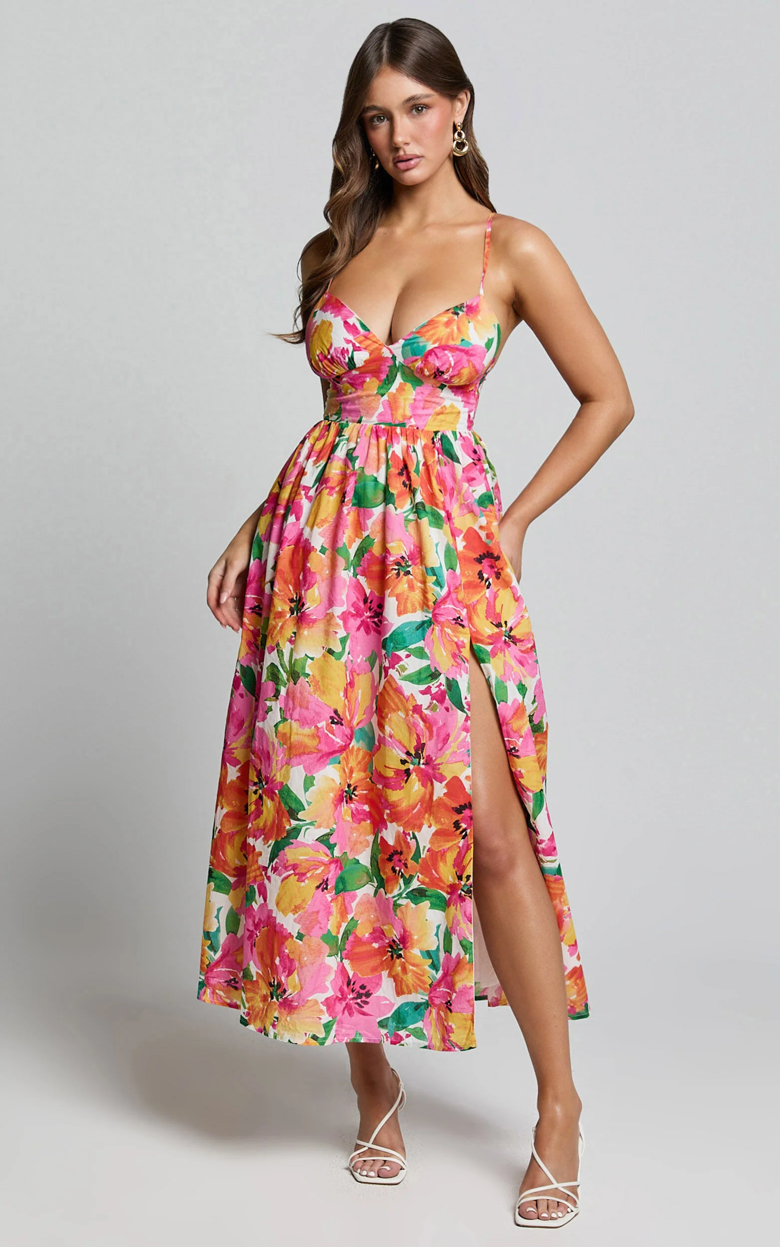 Shairah Midi Dress - Cross Back Gathered Sweetheart Dress in Bloom