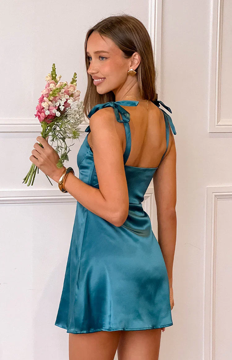 Chrystal Teal Tie Strap Party Mini Dress