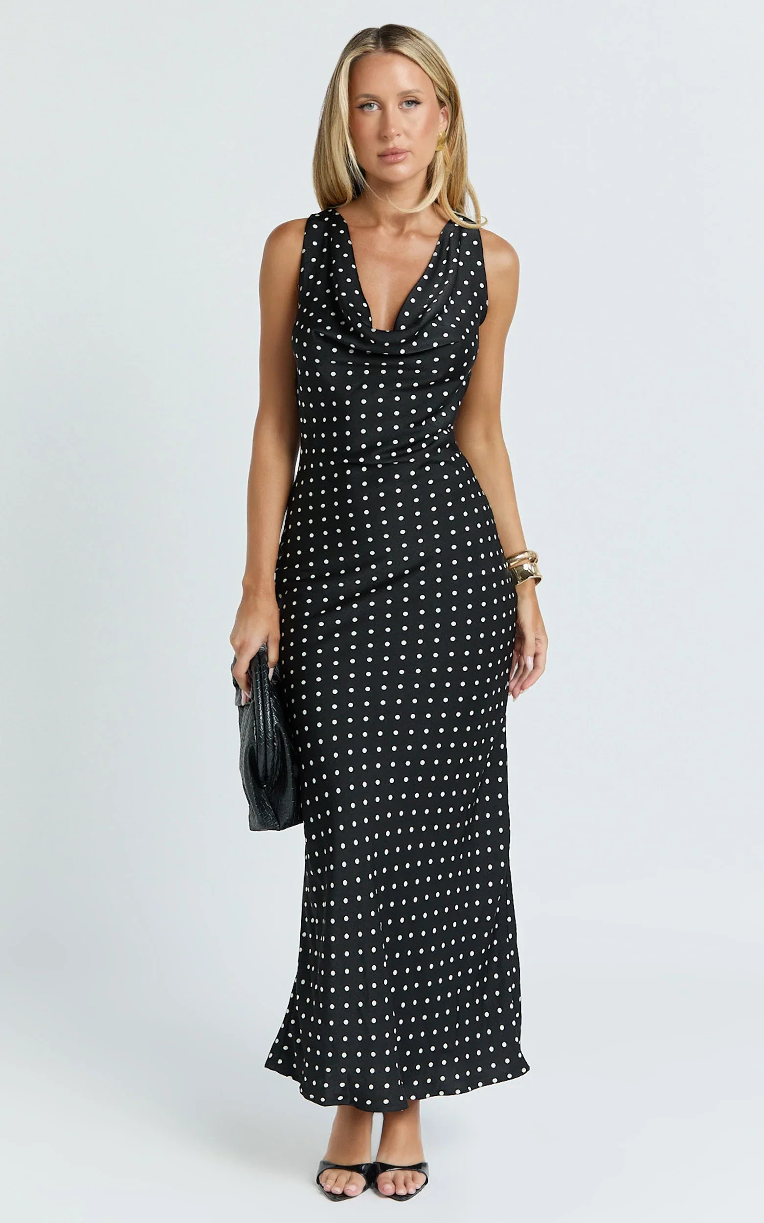 Blanca Maxi Dress - Cowl Neck Bias Cut Dress in Black Polka Dot