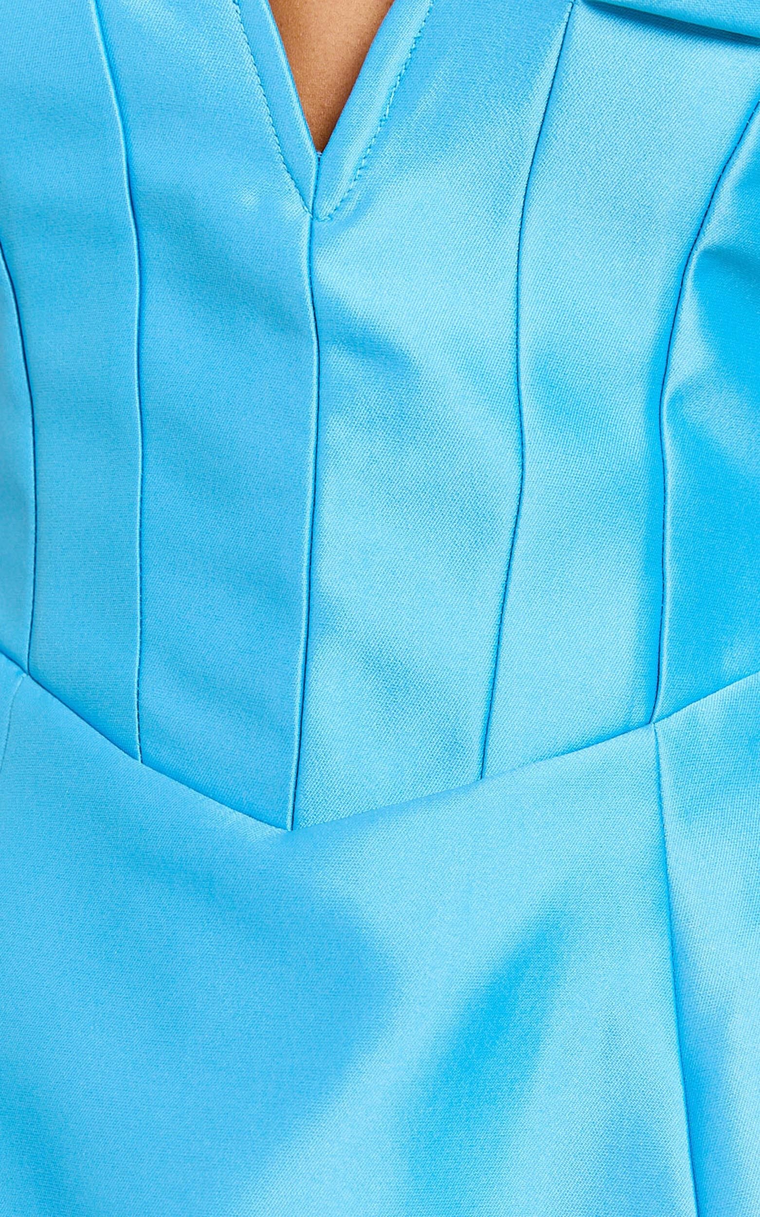 Jayce Mini Dress - Plunge Neck Off Shoulder Tulip Dress in Blue