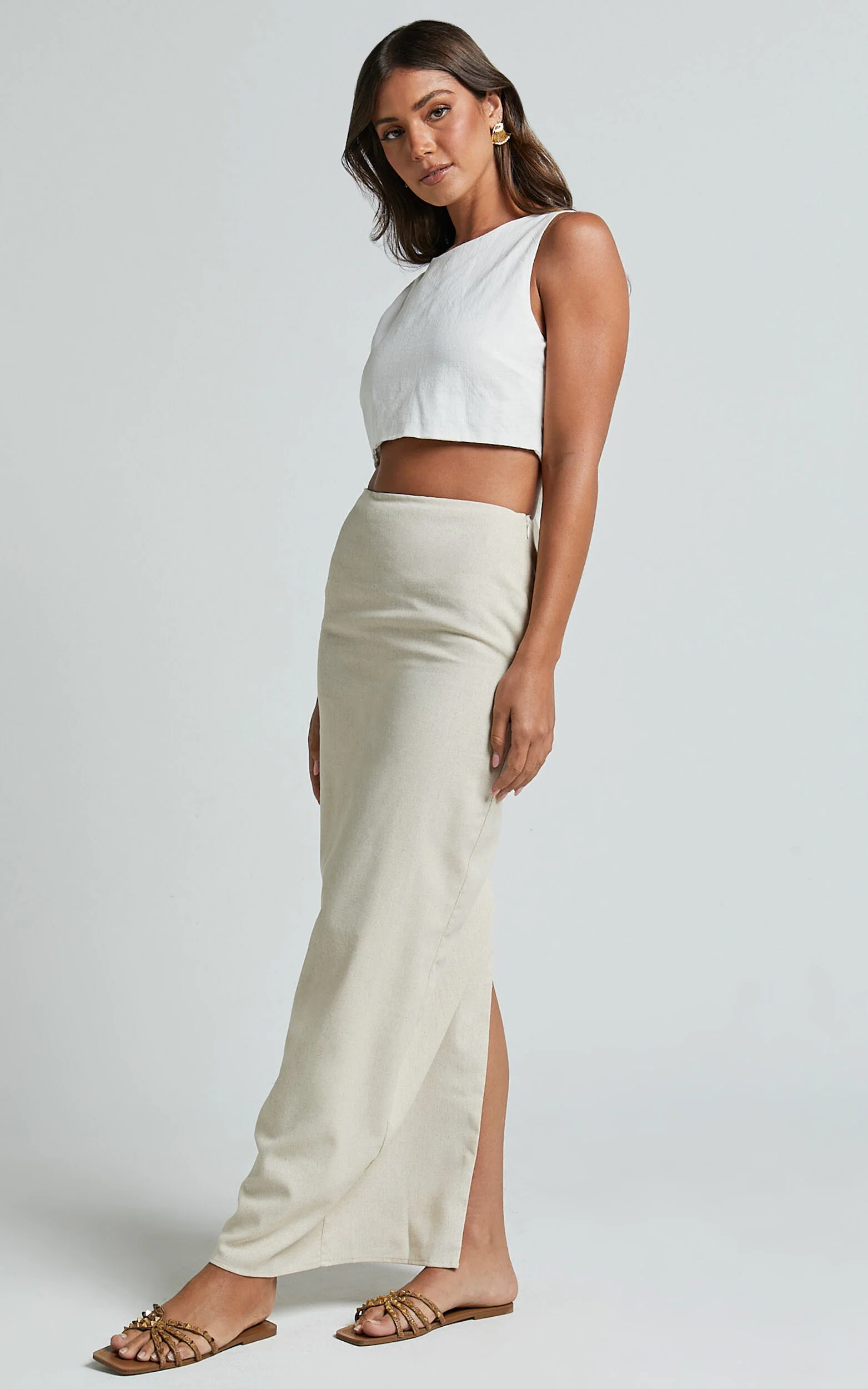 Vance Maxi Skirt - Linen Back Split Skirt in Oat