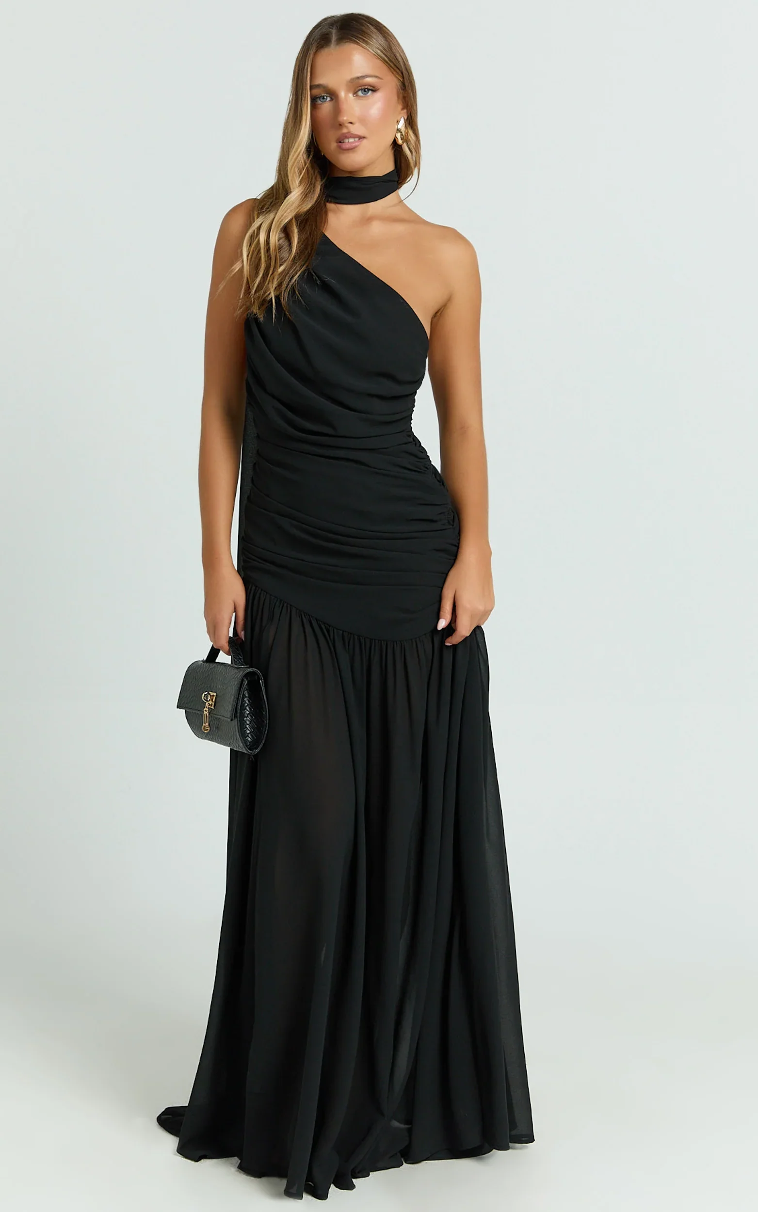 Enya Maxi Dress - One Shoulder Neck Tie Ruched High Split Dress in Black