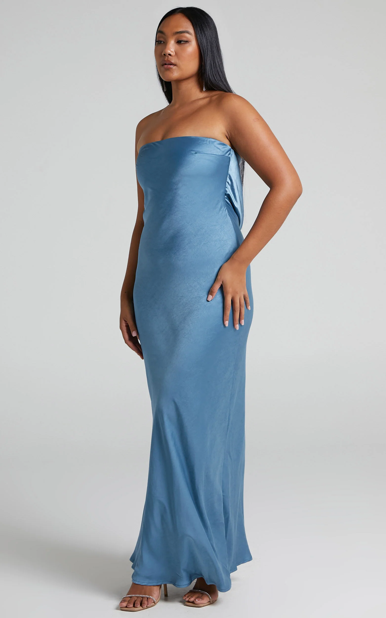Charlita Maxi Dress - Strapless Cowl Back Satin Dress in Steel Blue