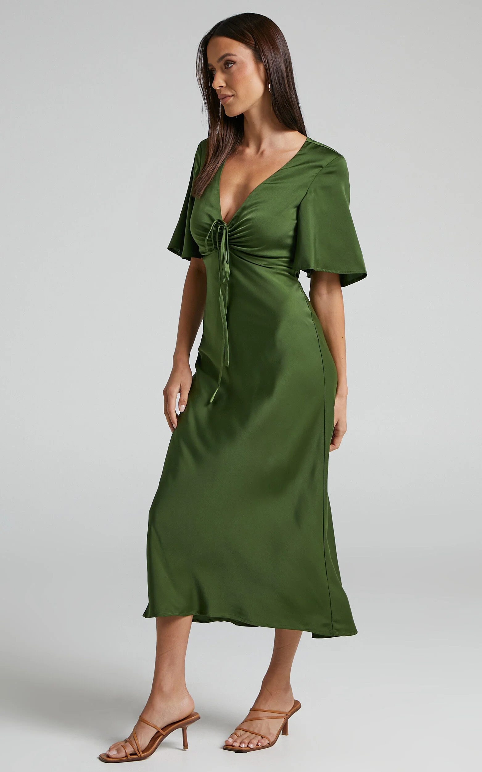 Nicholla Midi Dress - Ruched Front Angel Sleeve Slip Dress in Olive