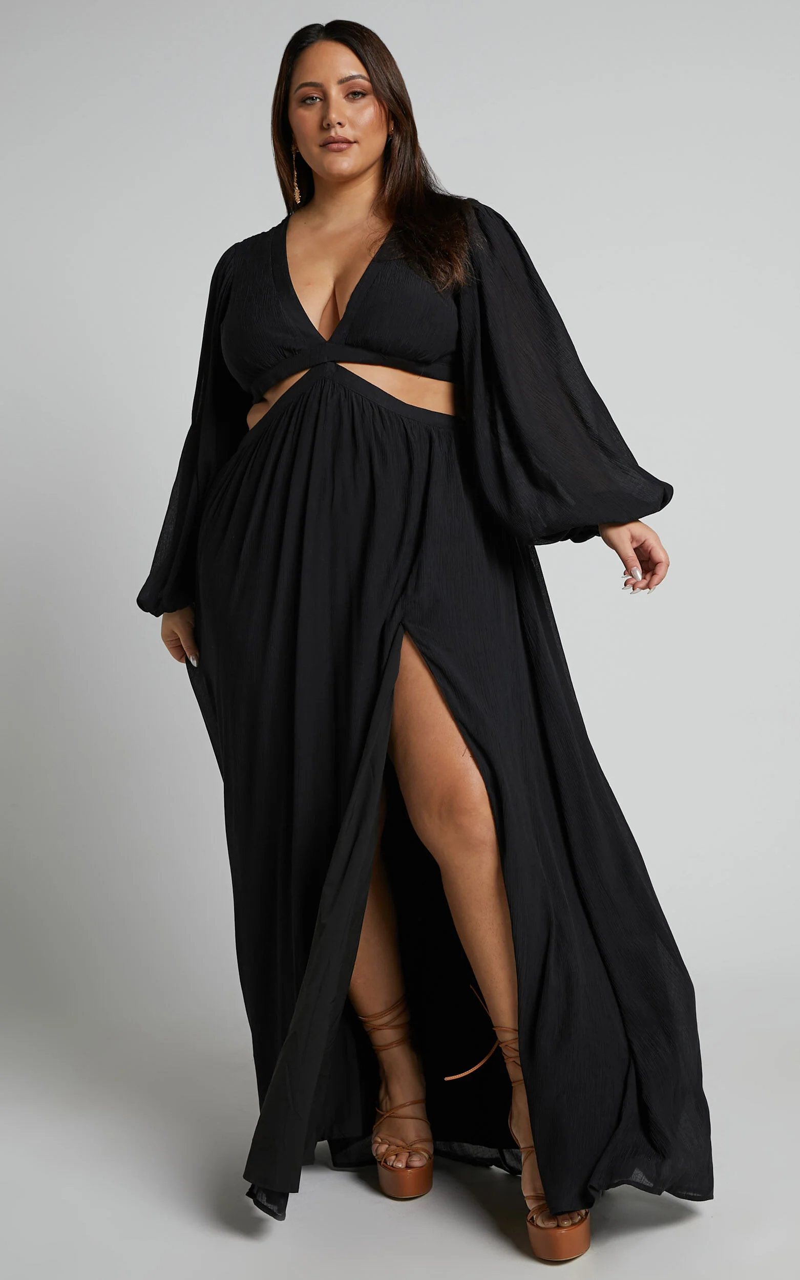 Paige Maxi Dress - Side Cut Out Balloon Sleeve Dress in Black