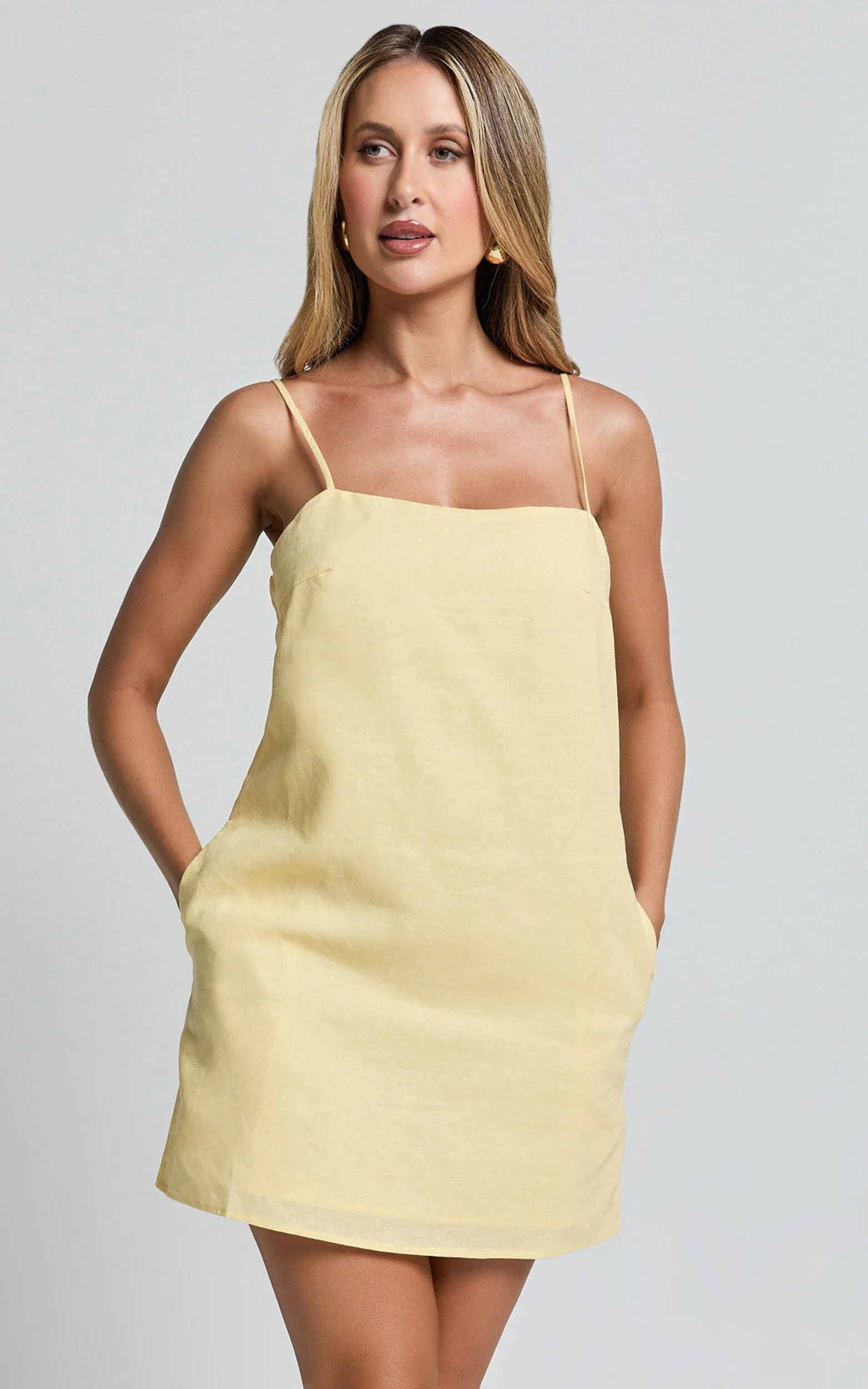 Mavie Mini Linen Dress - Linen Strappy Shift Dress in Lemon