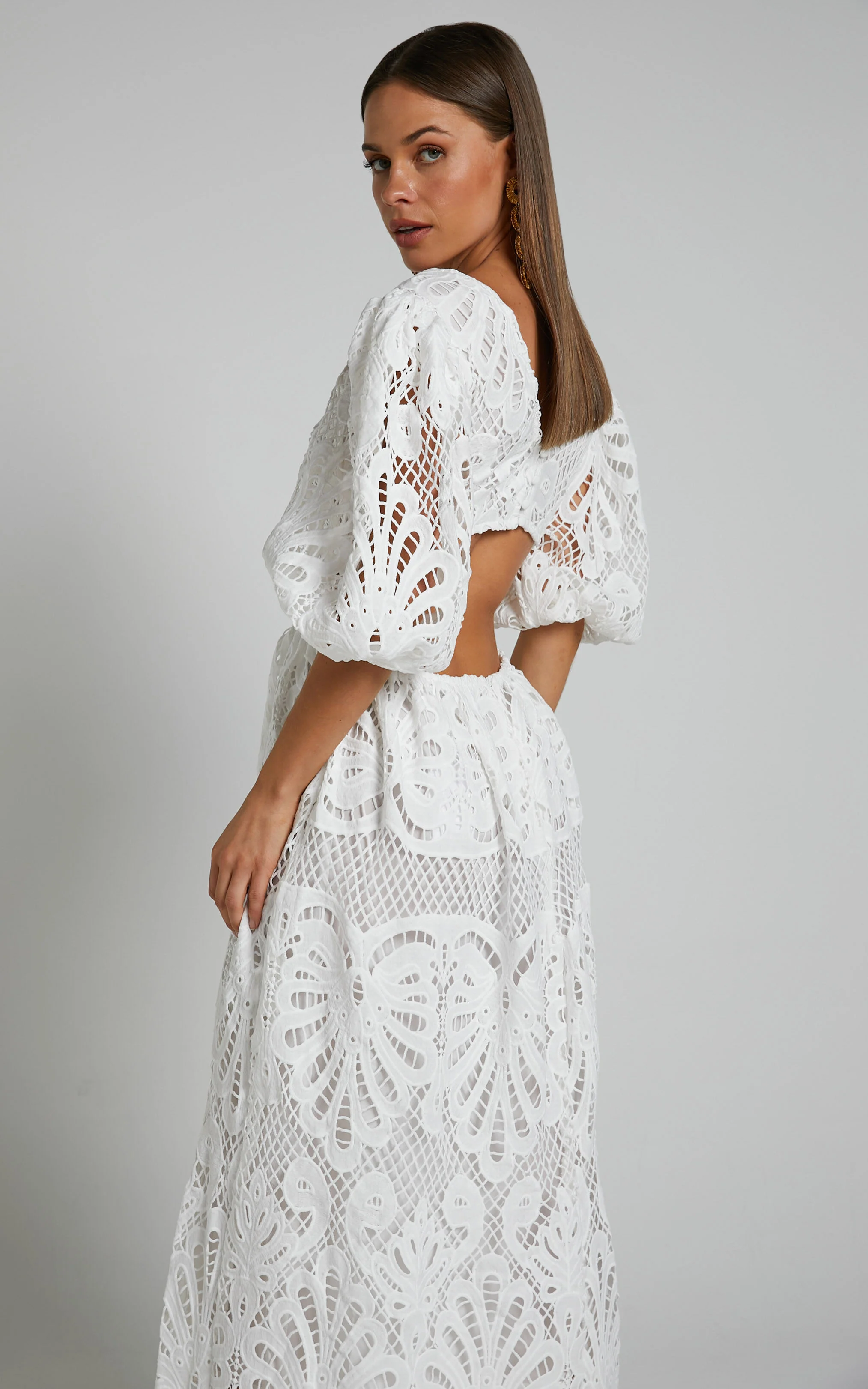 Anieshaya Midi Dress - V Neck Cut Out Lace Dress in White