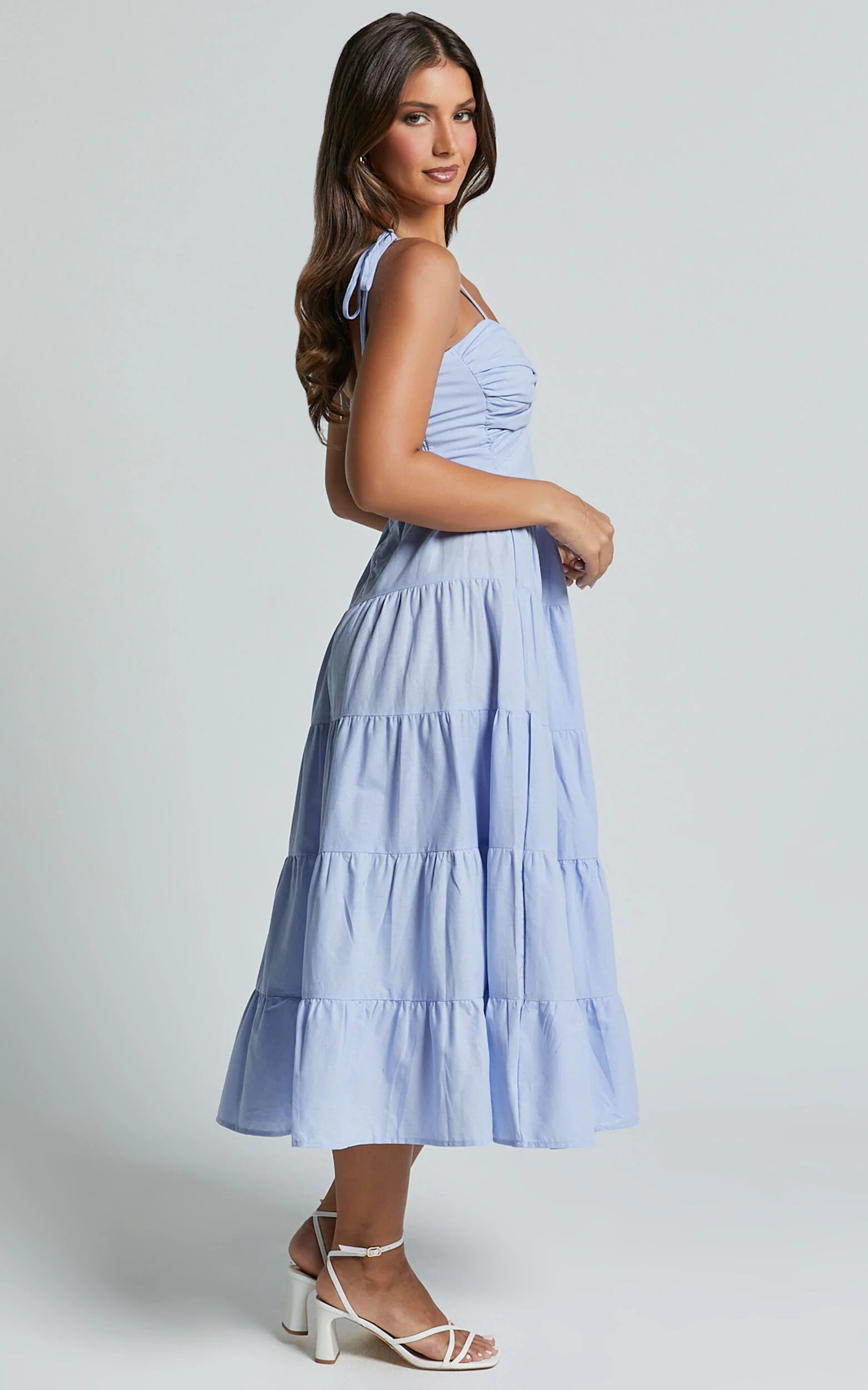 Leticia Midi Dress - Twist Front Tie Strap Tiered Dress in Pale Blue
