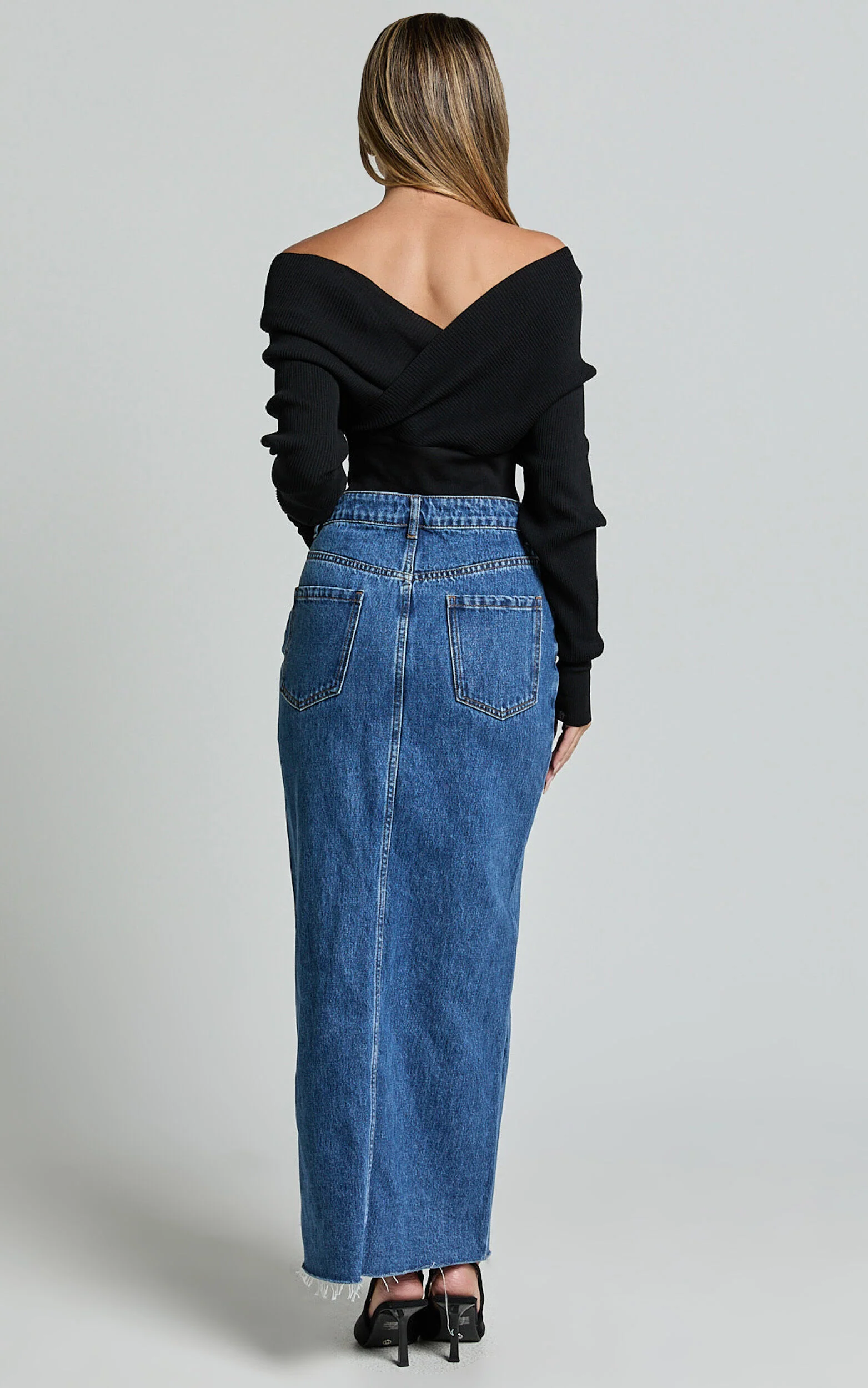Kira Midi Skirt - Front Split Denim Skirt in Dark Blue Wash