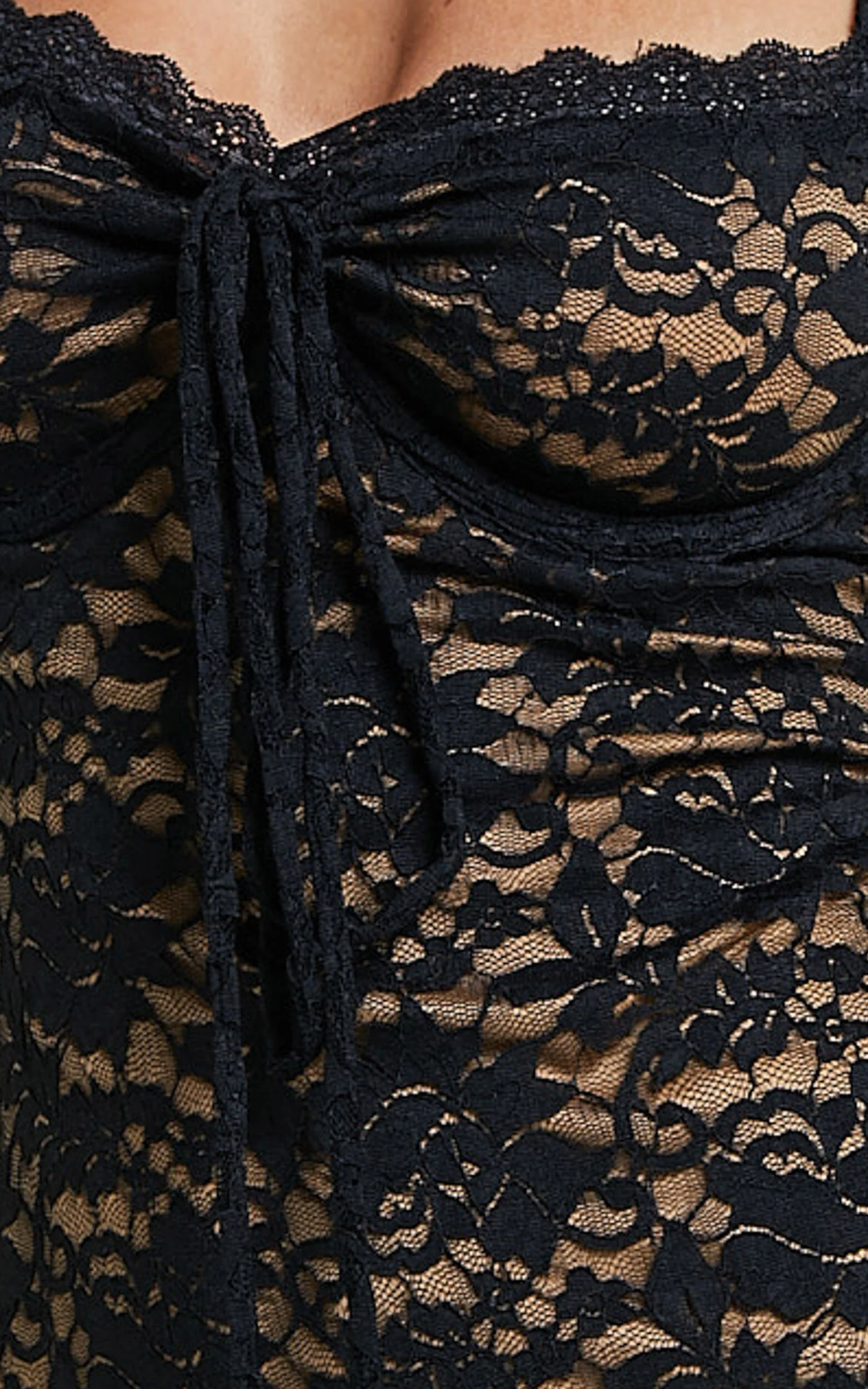 Collette Midi Dress - Ruched Bust Wide Strap Detail Lace Midi Dress in Black