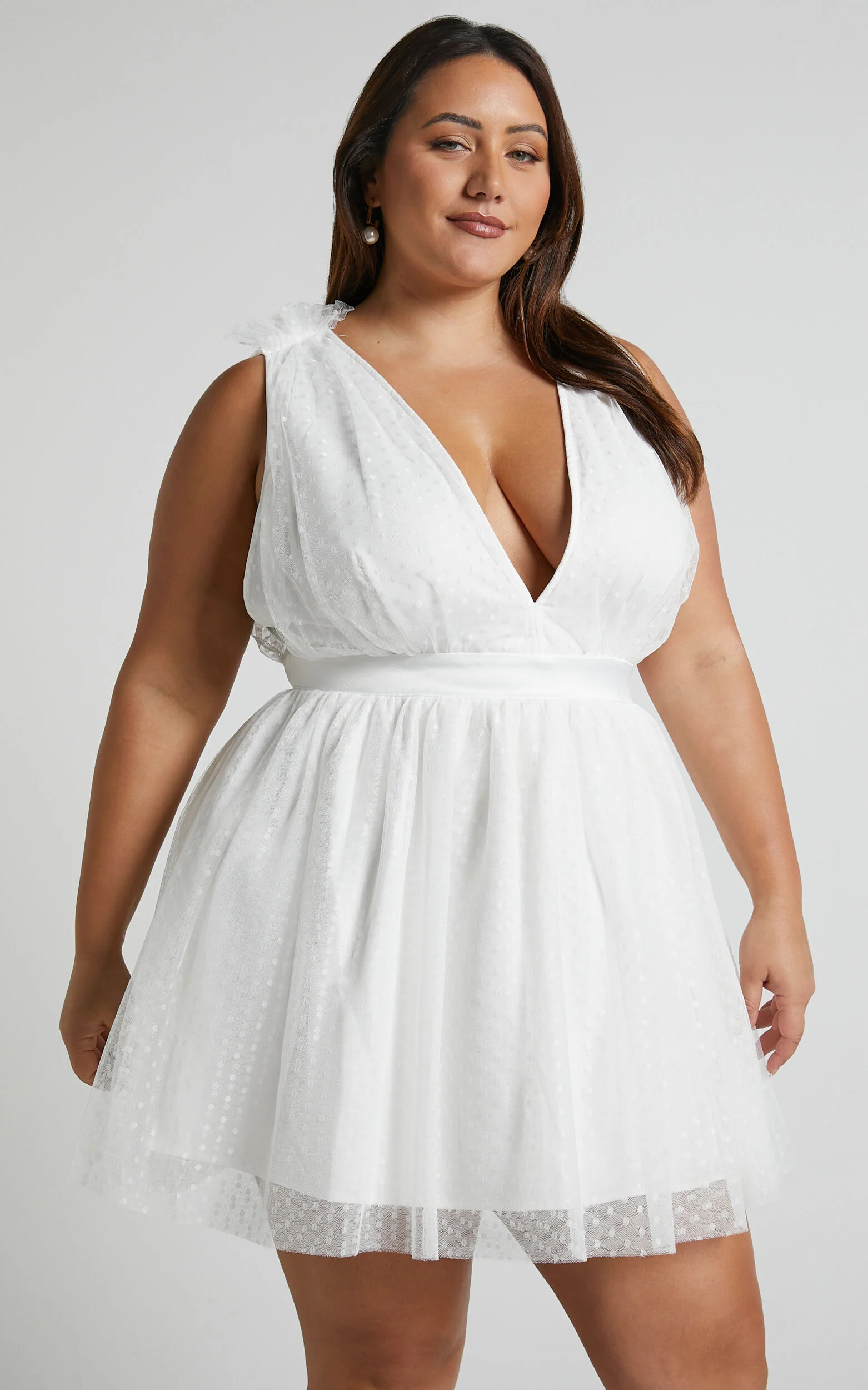 Mariabella Mini Dress - Tulle Plunge Dress in White