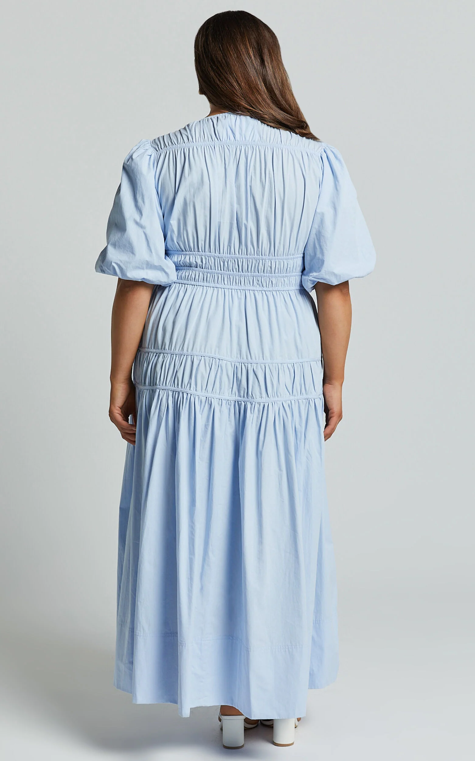 Mellie Midi Dress - Puff Sleeve Plunge Tiered Dress in Soft Blue