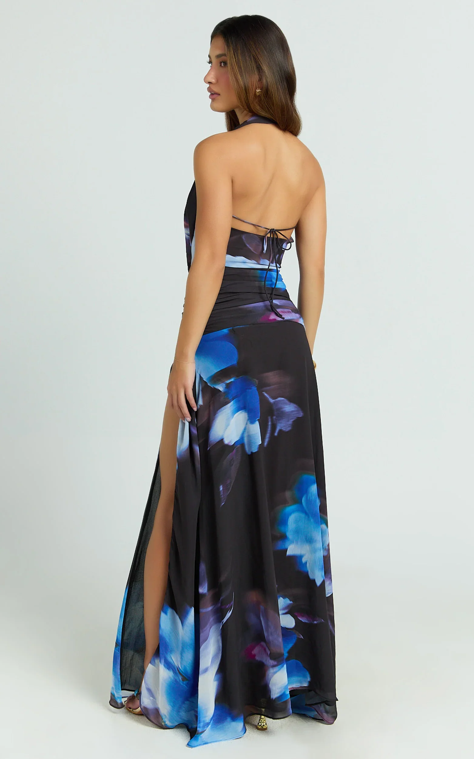 Odessa Maxi Dress - Plunge Cowl Halter High Leg Split Dress in Electric Bloom Print
