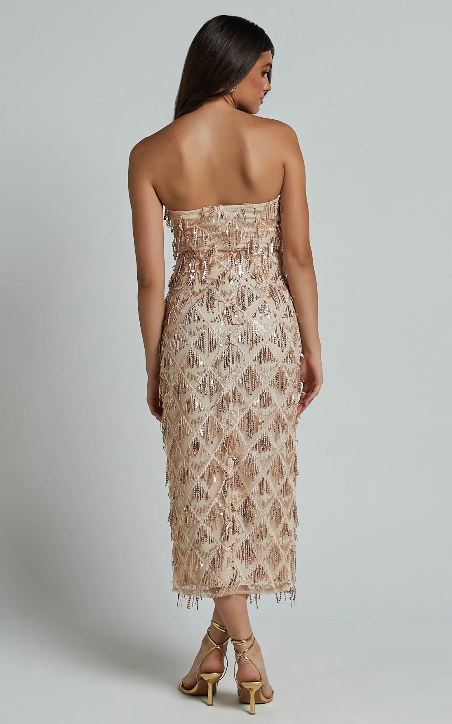 Variel Midi Dress - Strapless Fringe Sequin Dress in Champagne