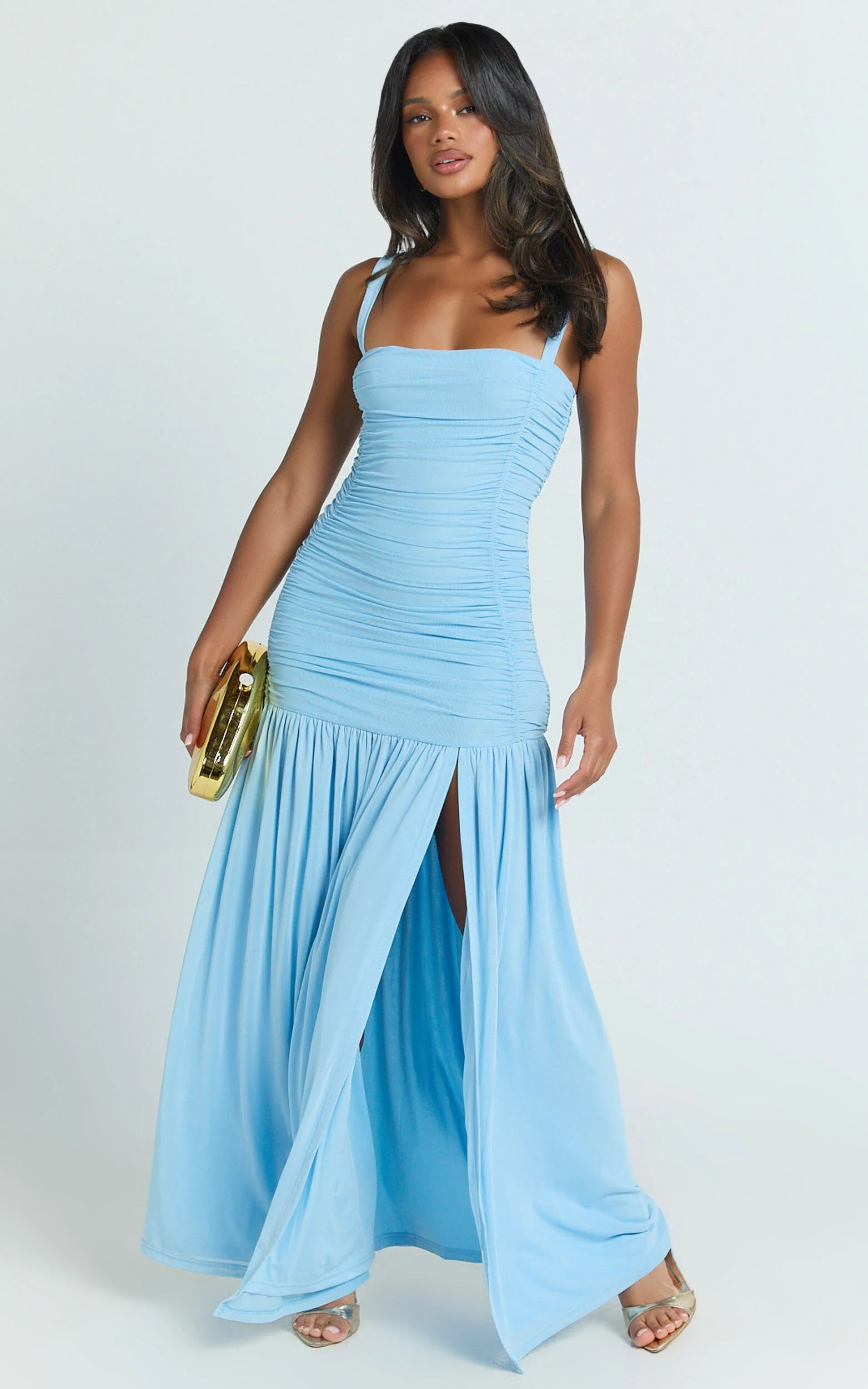 Cardi Maxi Dress - Ruched Mesh High Leg Split Dress in Light Blue
