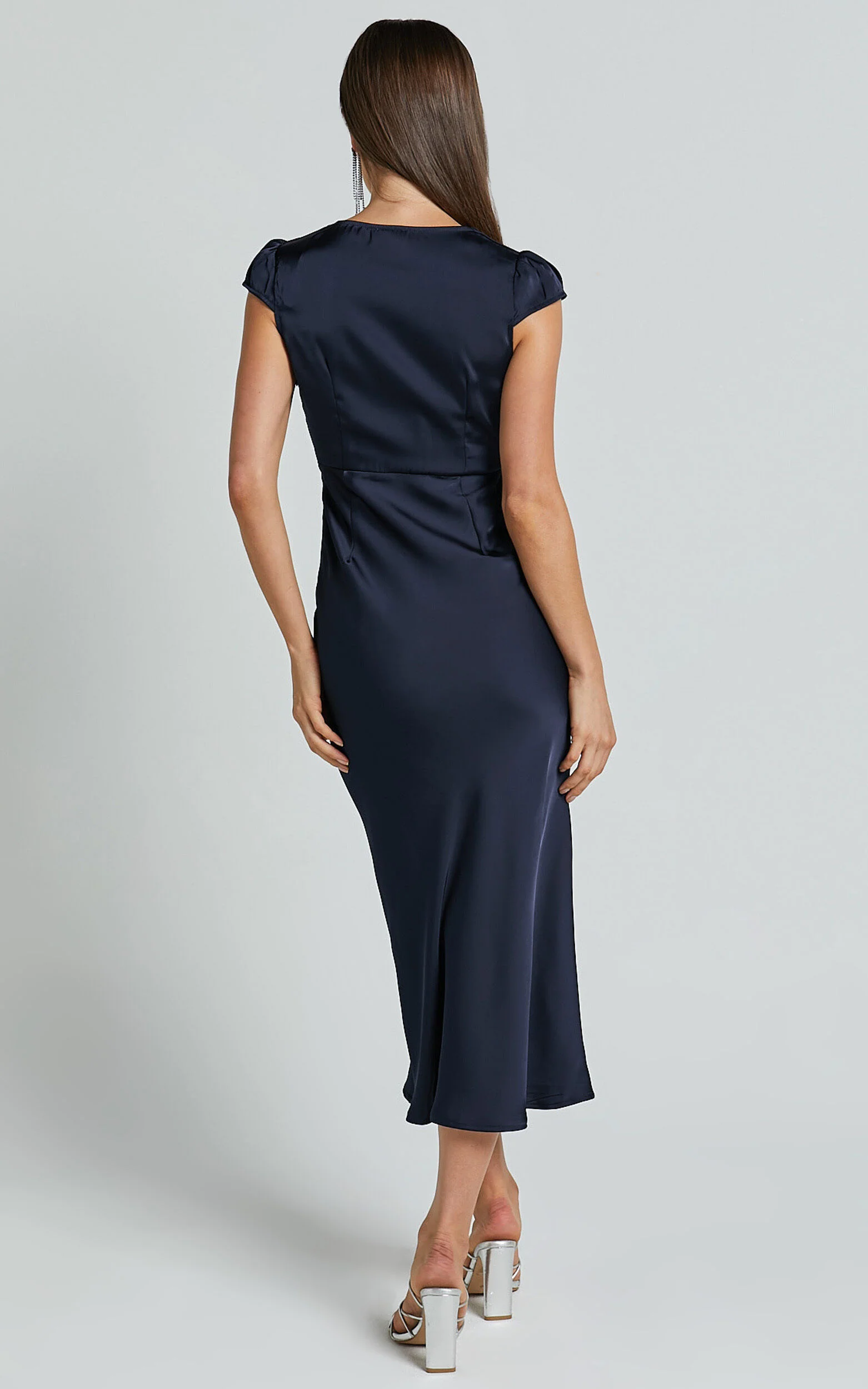 Marleen Midi Dress - Wrap Front Cap Sleeve Satin Bias Cut Dress in Midnight Blue