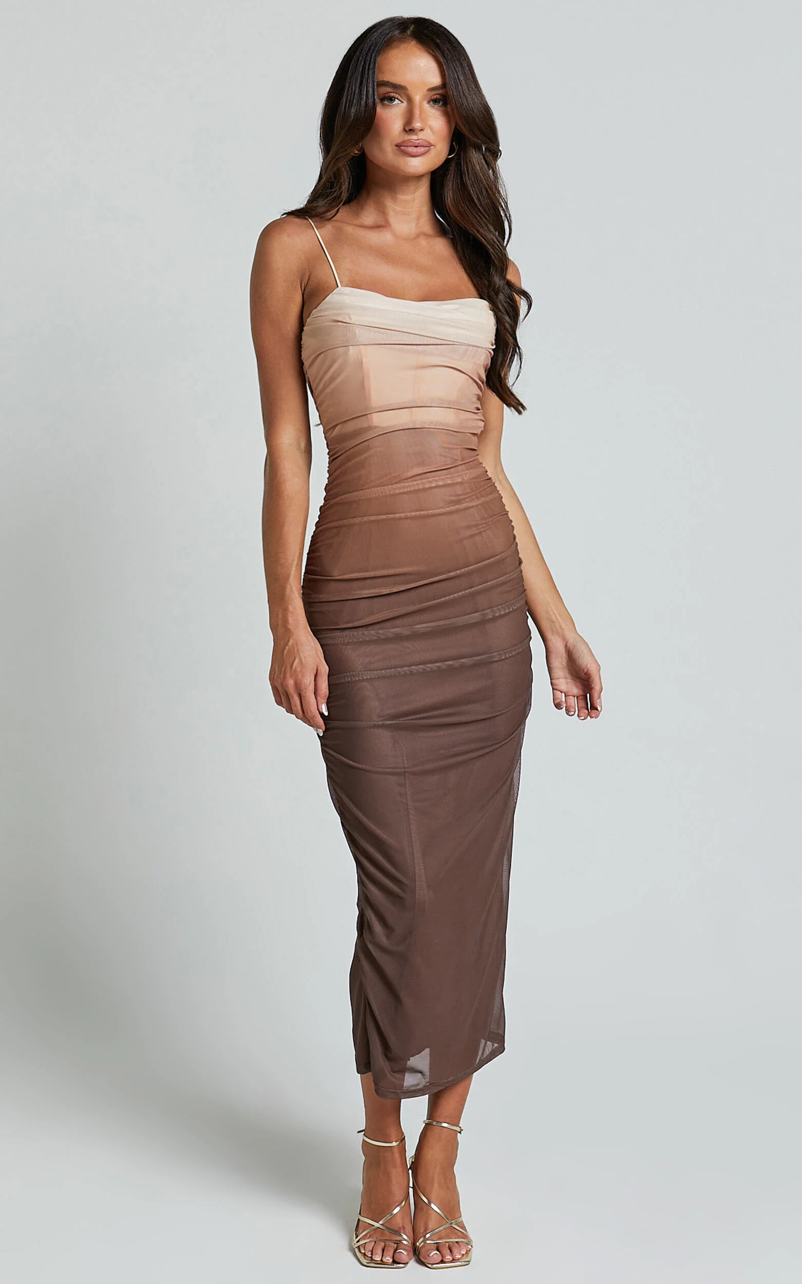 Aldine Midi Dress - Ombre Mesh Bodycon Dress in Chocolate