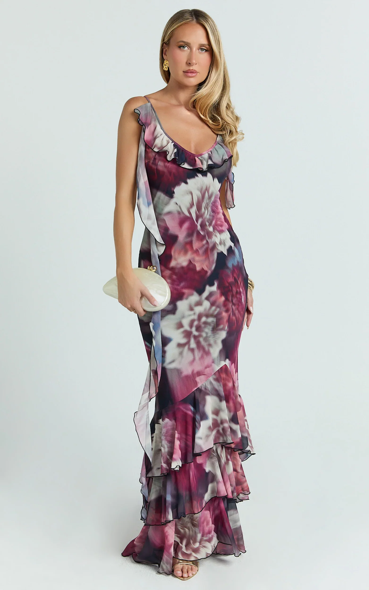 Riley Maxi Dress - Asymmetric Ruffle Detail Maxi Dress in Mariache Rose