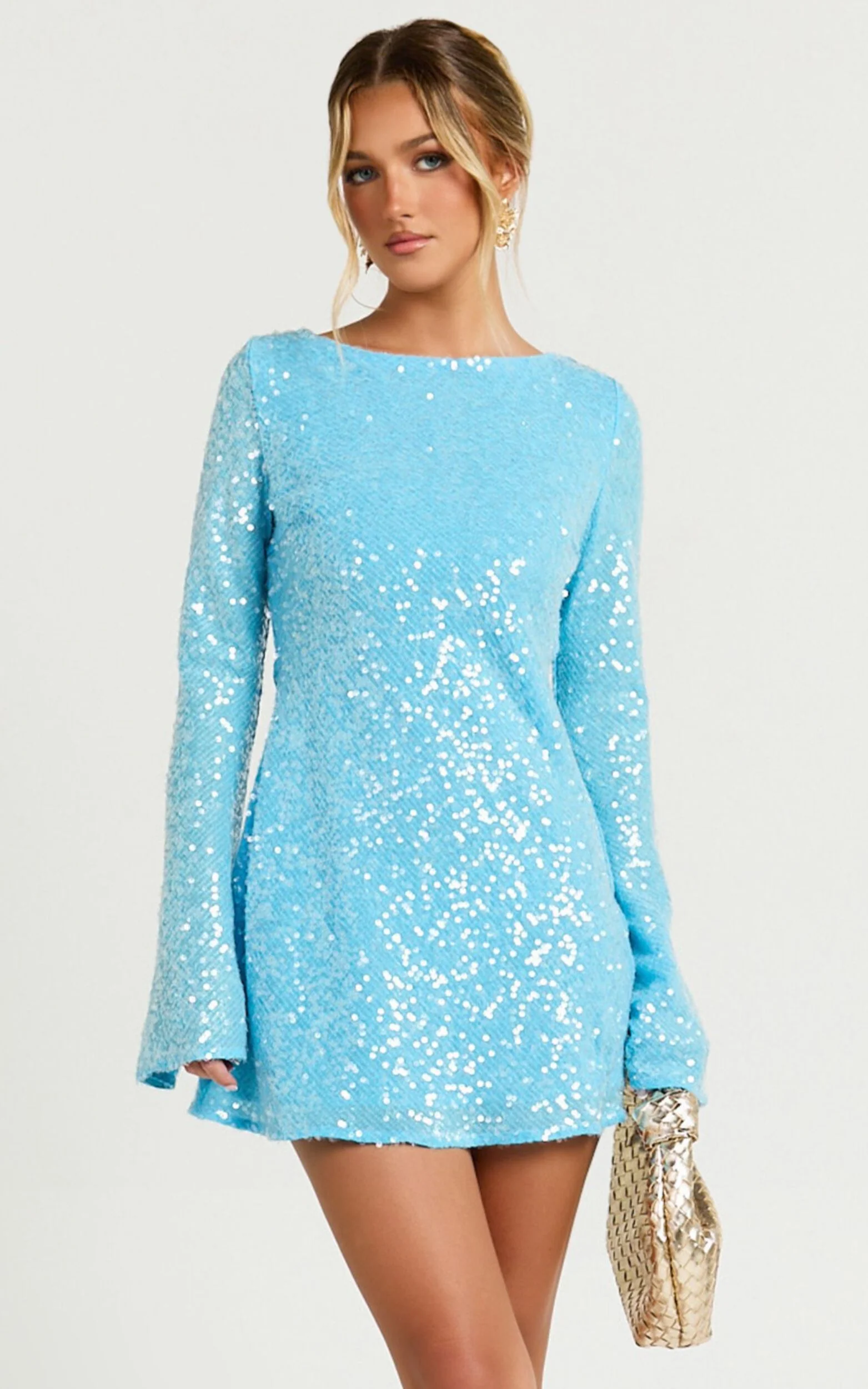 Bertina Mini Dress - Sequin Scoop Neck Low Back Dress in Blue