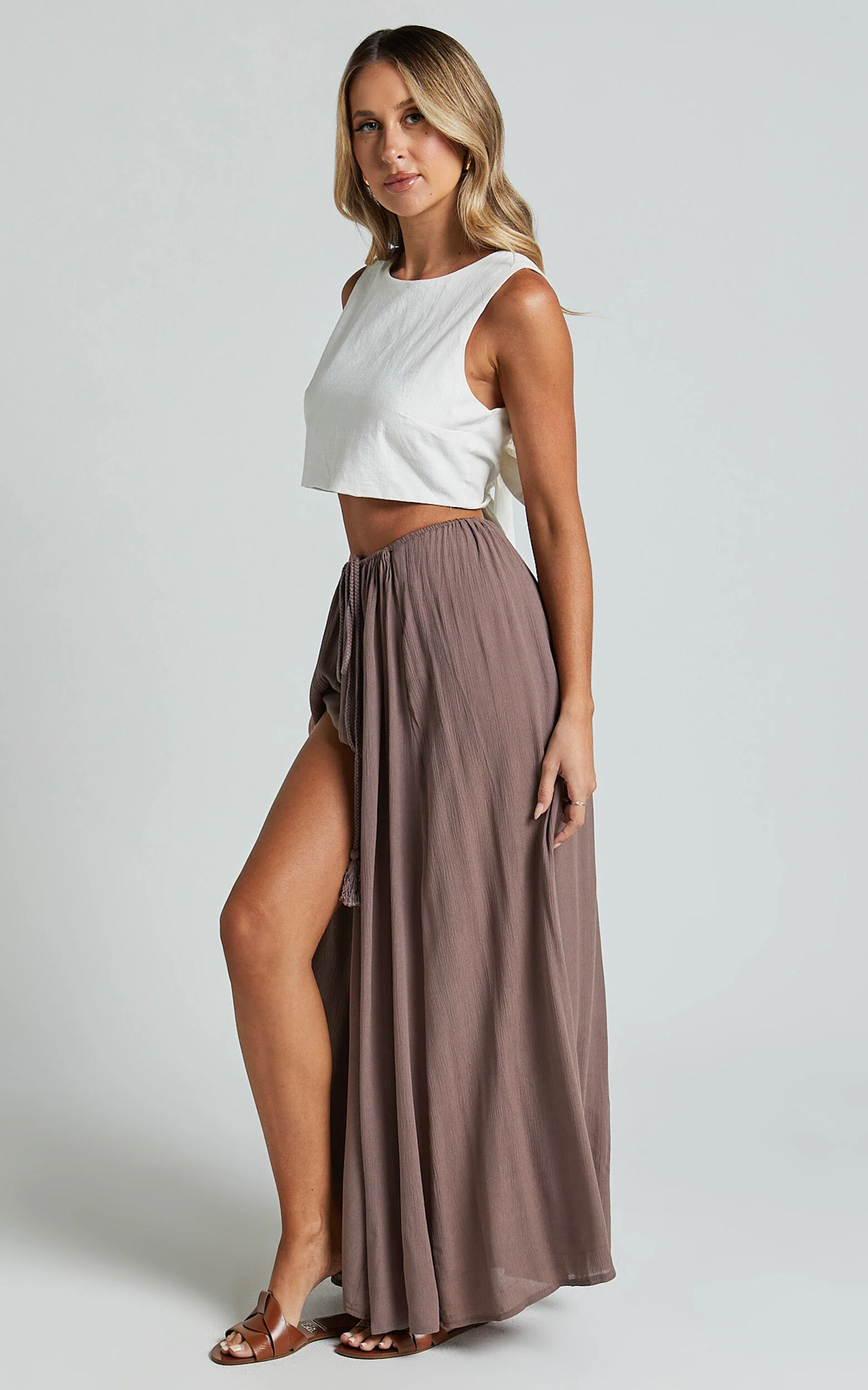 Under The Twilight Maxi Skirt - Thigh Split Skirt in Taupe