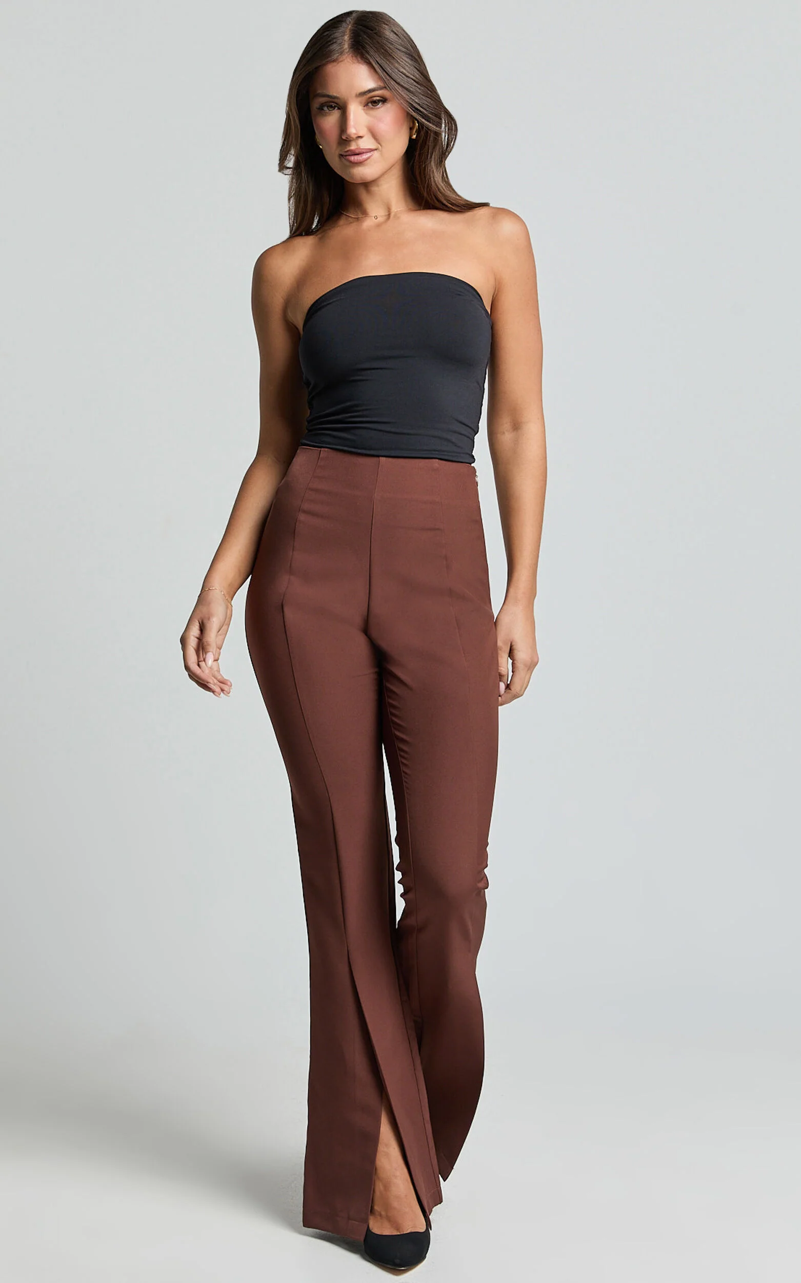 Volta Pants - Front High Waisted Split Boot Leg Kick Out Pants in Chocolate