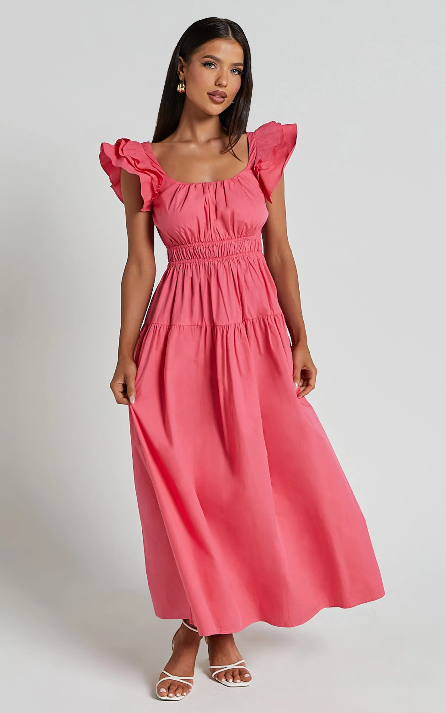 Arlene Midi Dress - Square Neck Shoulder Frill Tiered Dress in Berry