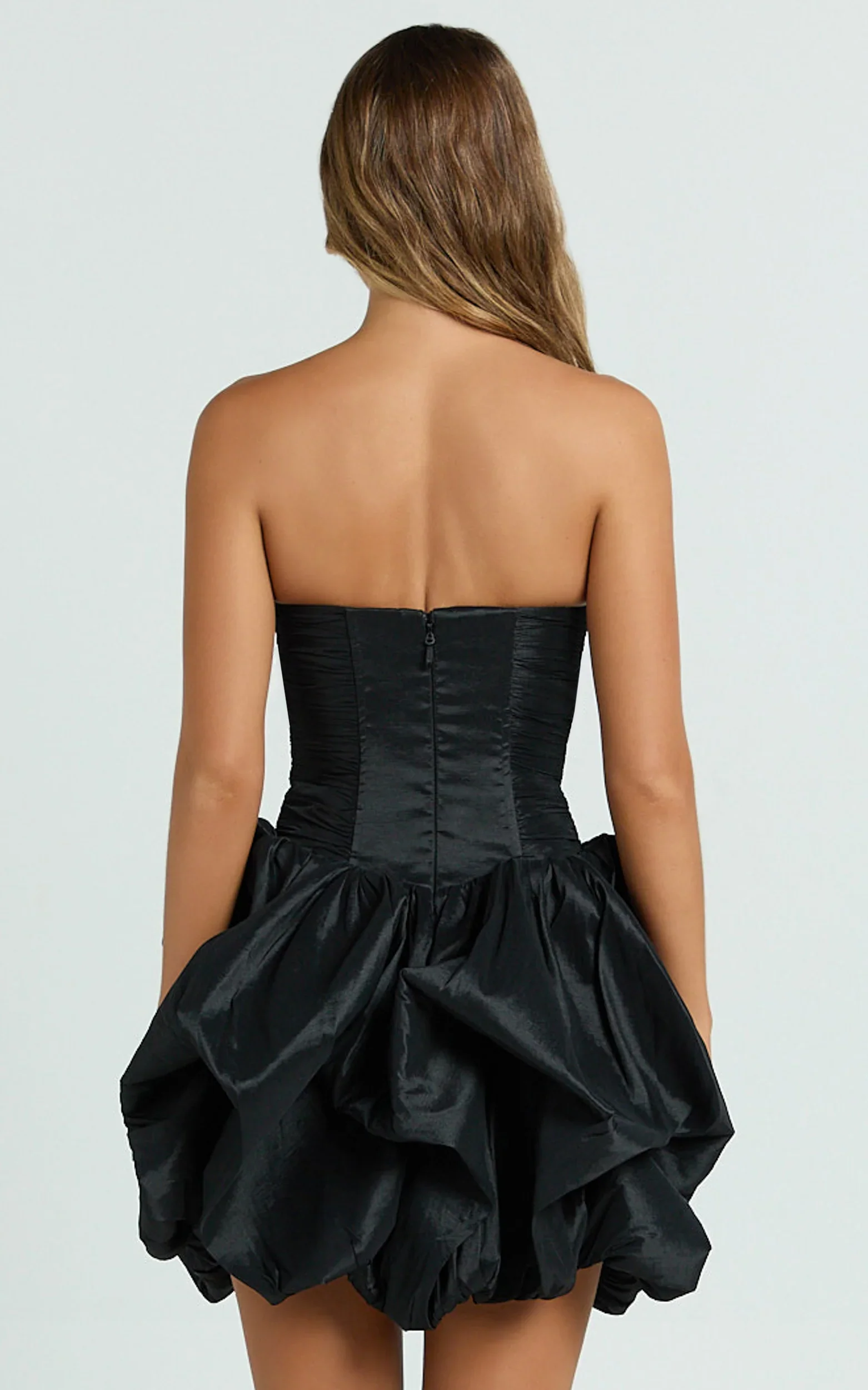 Deb Mini Dress - Ruched Strapless Bubble Hem Dress in Black