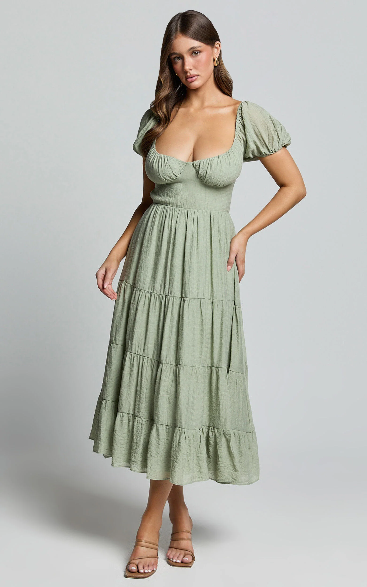 Anita Midi Dress - Puff Sleeve Tiered Dress in Sage