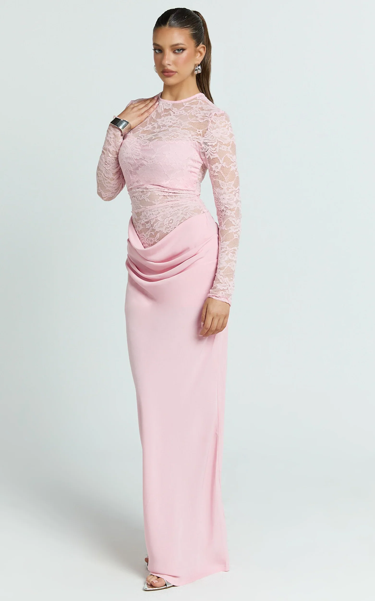 Crisanta Maxi Dress - Long Sleeve Contrast Lace Bodycon Dress in Pink