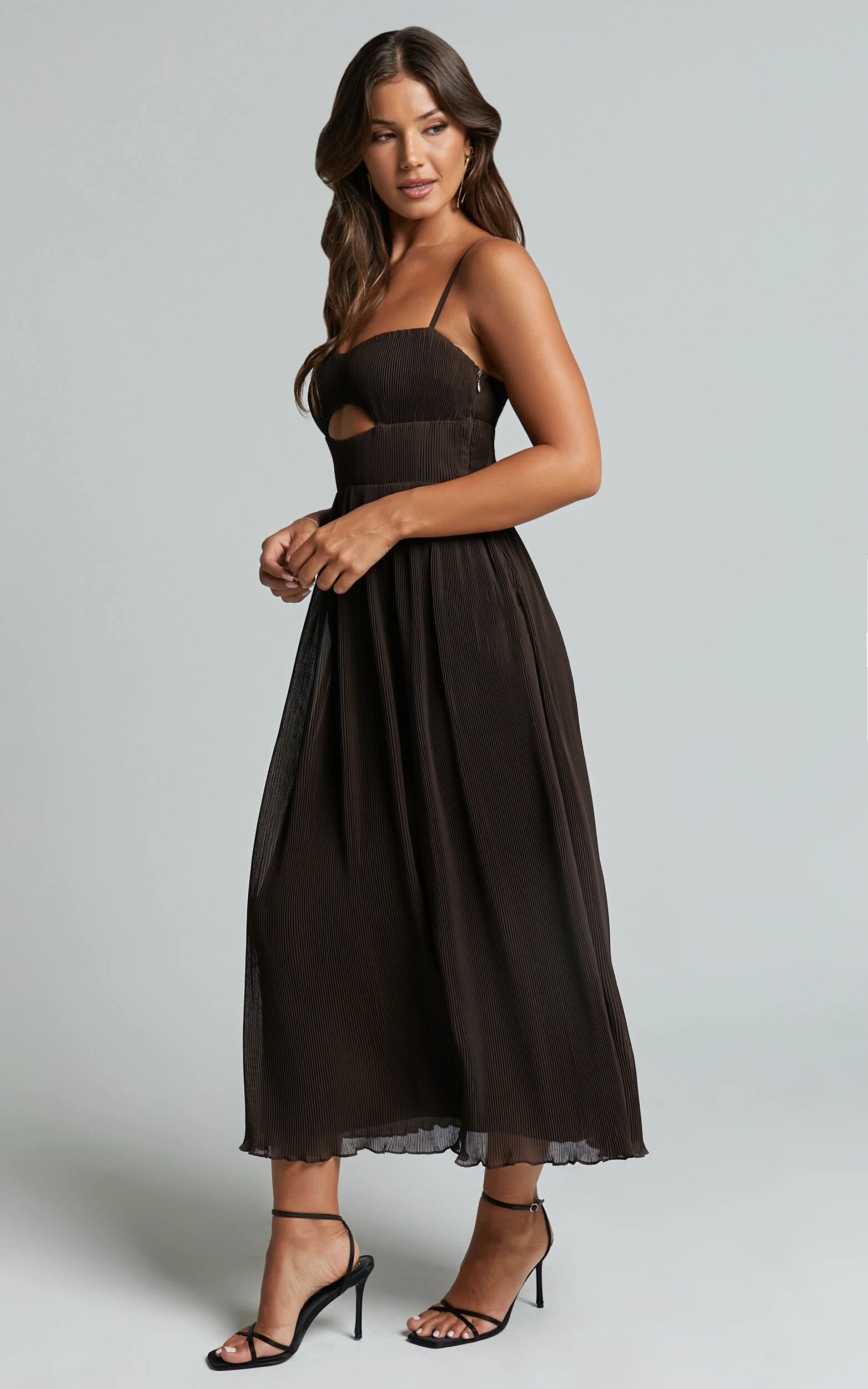 Ezri Midi Dress - Strappy Cut Out Pleated A Line Dress in Chocolate