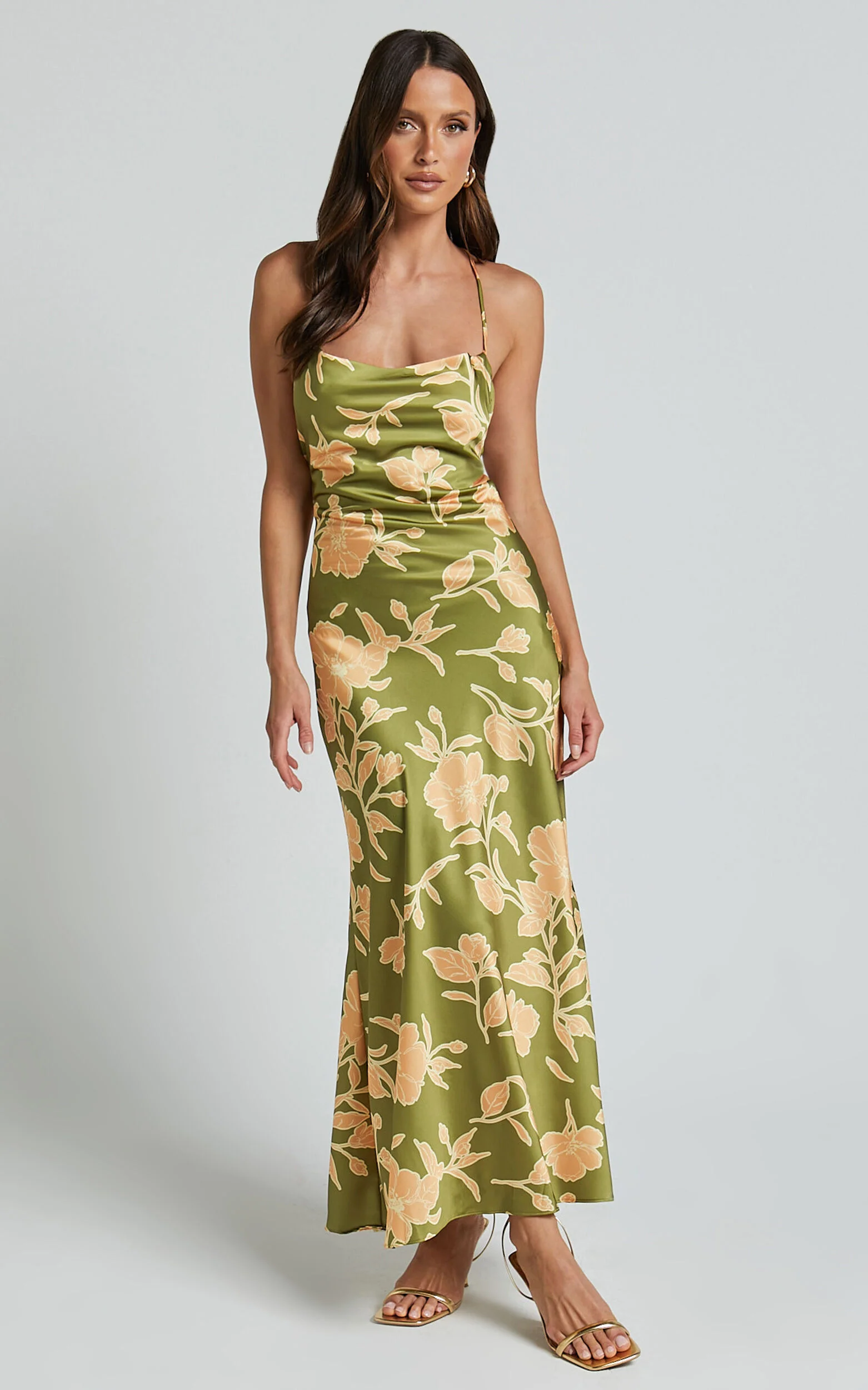 Aisling Midi Dress - Cowl Neck Satin Bias Midi Dress in Olive