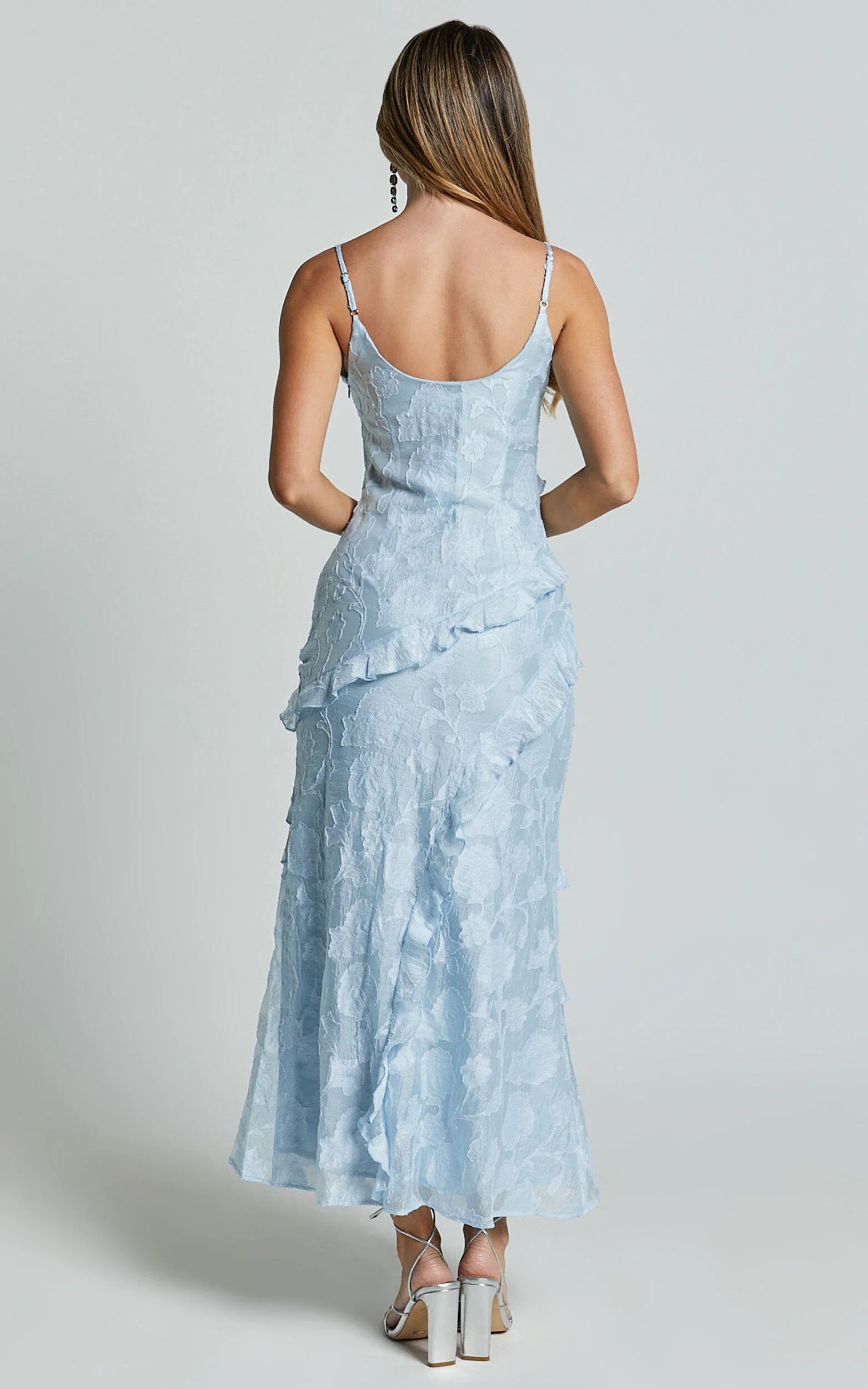 Michaela Midi Dress - Jacquard Ruffle Detail Tiered Dress in Light Blue