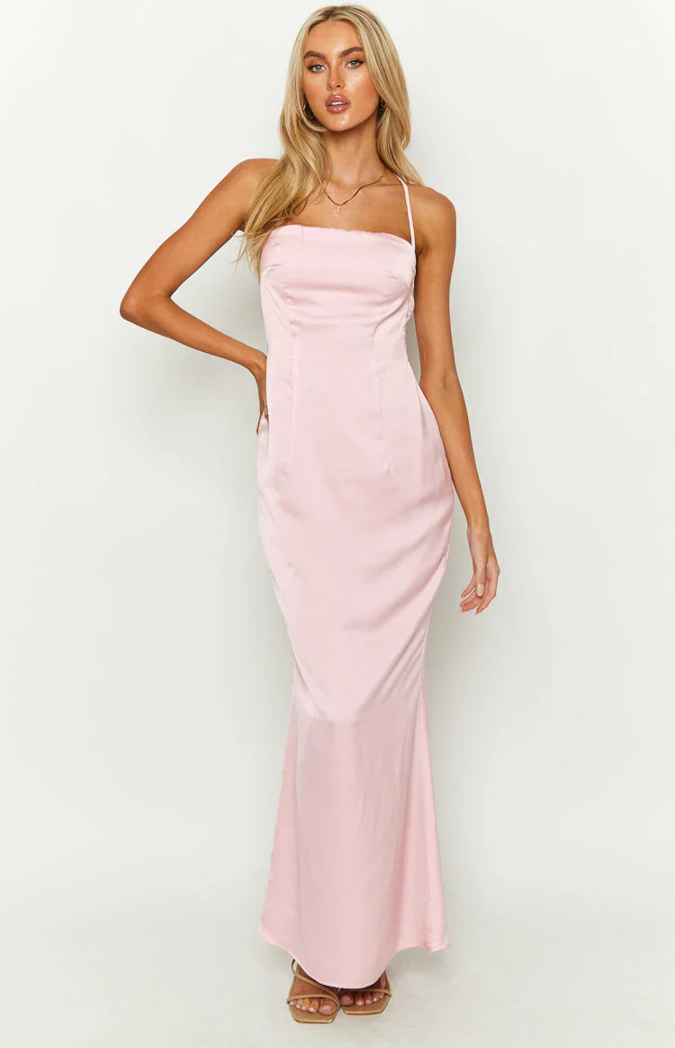 Party Girl Pink Satin Maxi Dress
